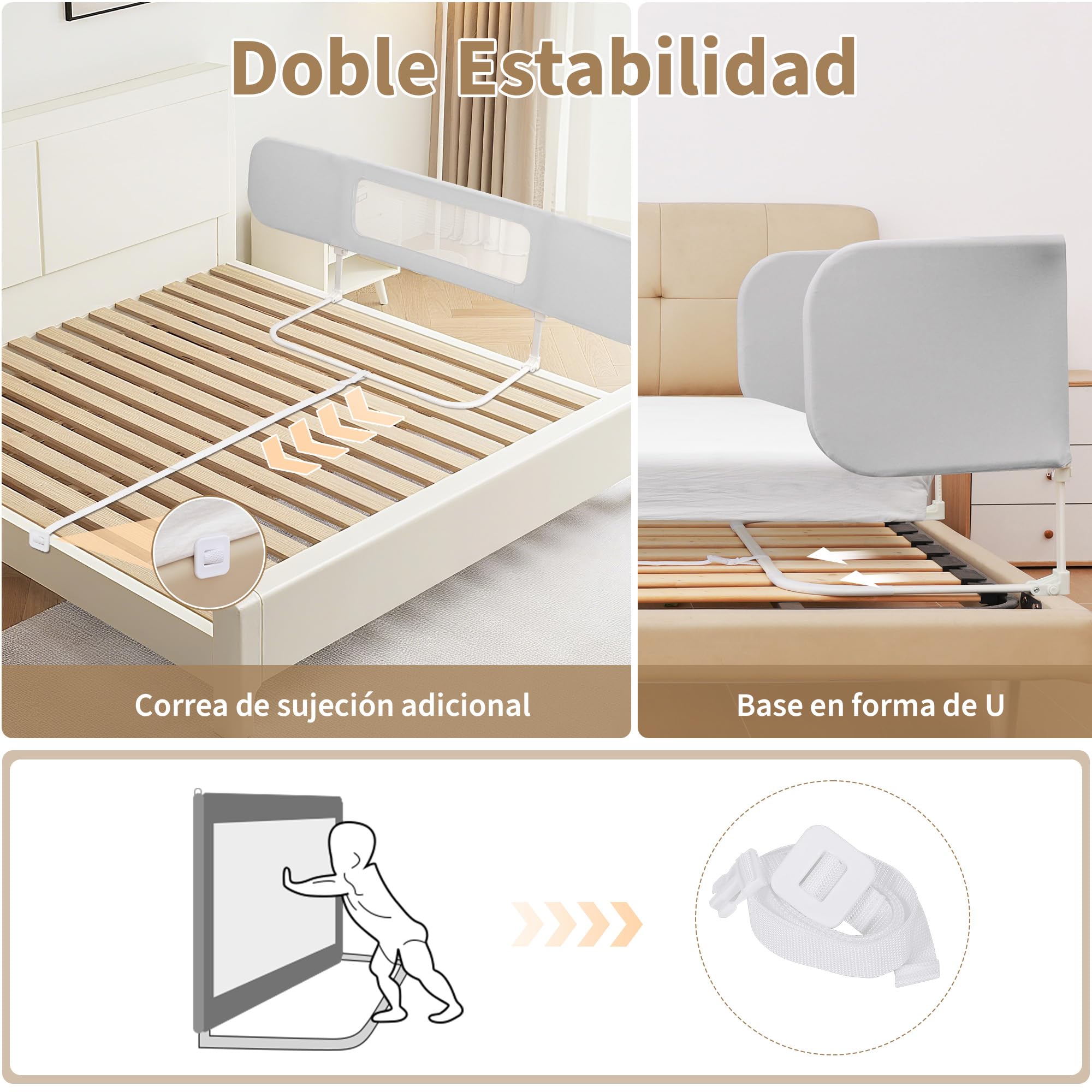 2 en 1 Barrera de Cama Abatible 185cm, Cuna Colecho con Bolsa de Transporte Viaje para Viajar o Vacaciones - Sin instalación, Fácil de Transportar - Gris