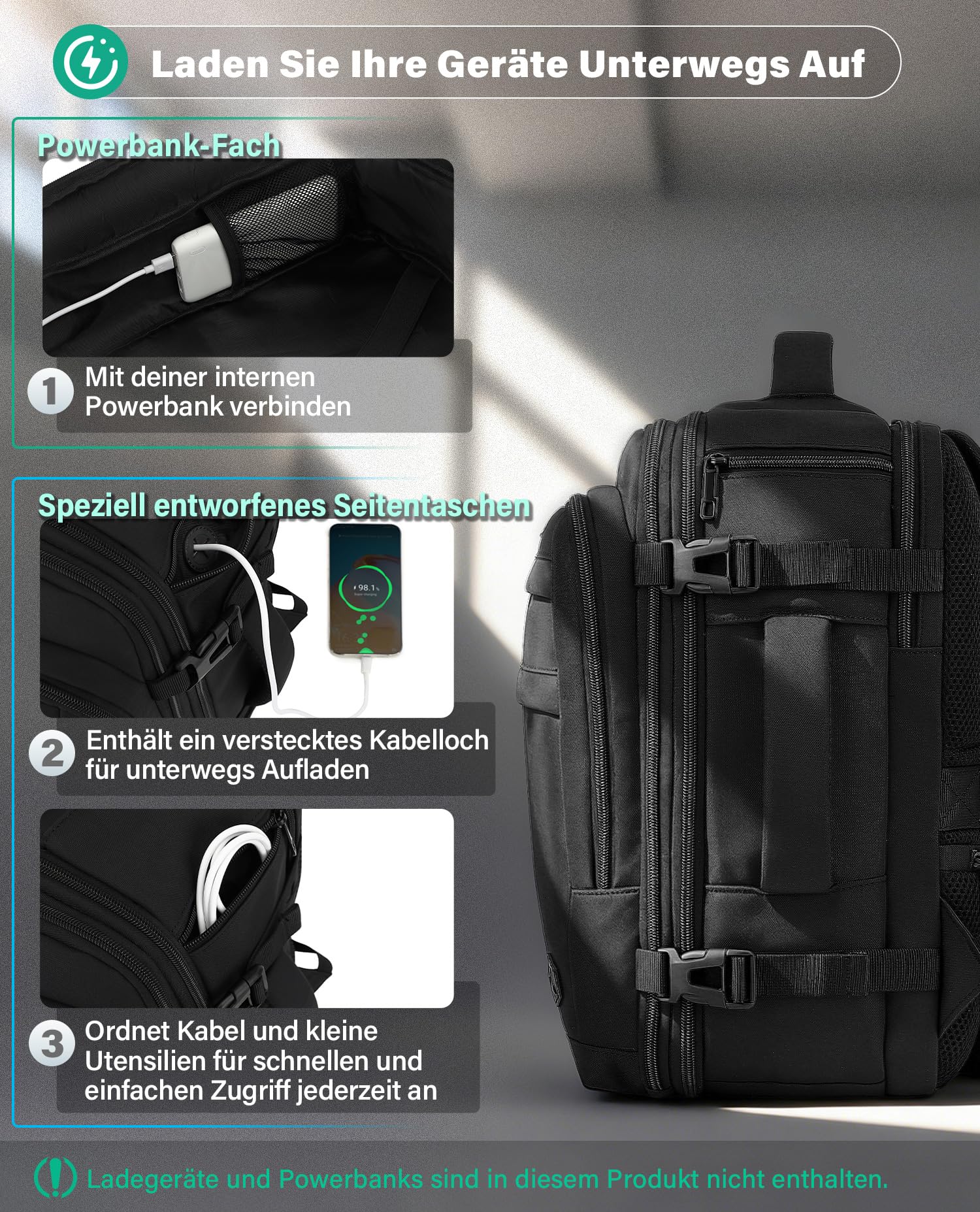 VANKEV Eurowings Ryanair EasyJet Wizz Air Handgepäck Erweiterbar 40x30x20 bis 40x30x25, 24L bis 30L, Sitzunter Rucksack für Reisen passt zu 15,6 Zoll Laptops schwarz