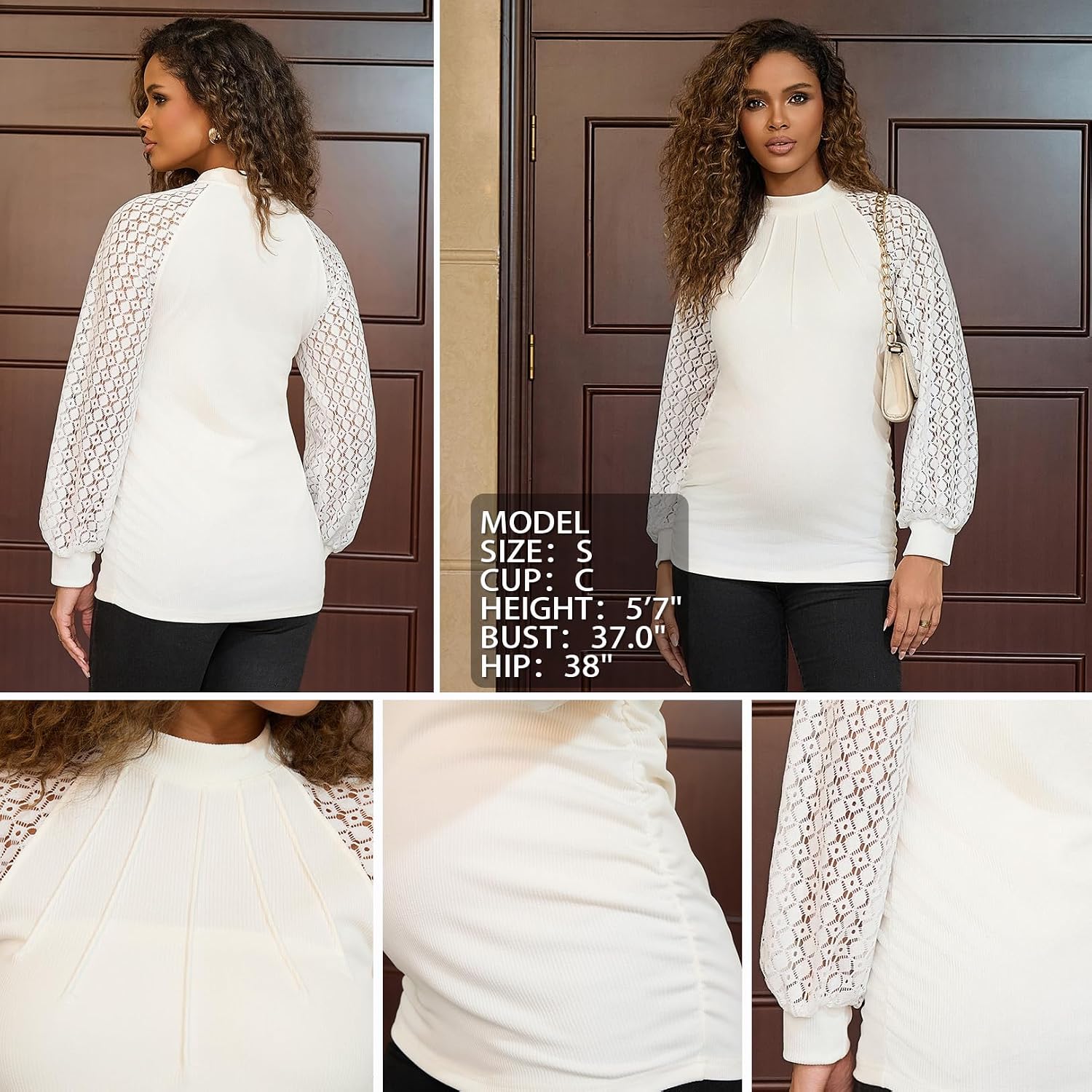 Bhome Maternity Long Sleeve Pleated Shirts for Women Business Casual Lace Tops Blouses