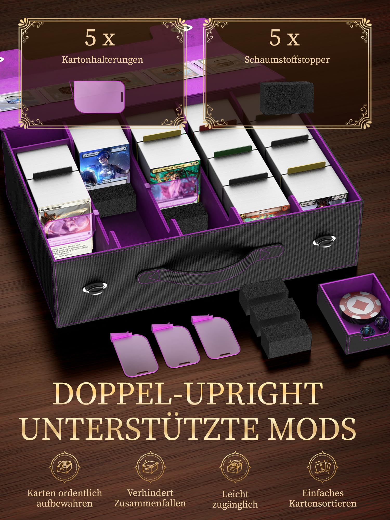 Kartenaufbewahrungsbox für Trading Cards mit Commander Display :5-reihiges Deckcase mit Griff,3900+ Deck box für MTG TCG Sport Card,5 Toplader,5 Stoppers,5 Foam Stopper,50 Trennblätter,1 Würfeltablett