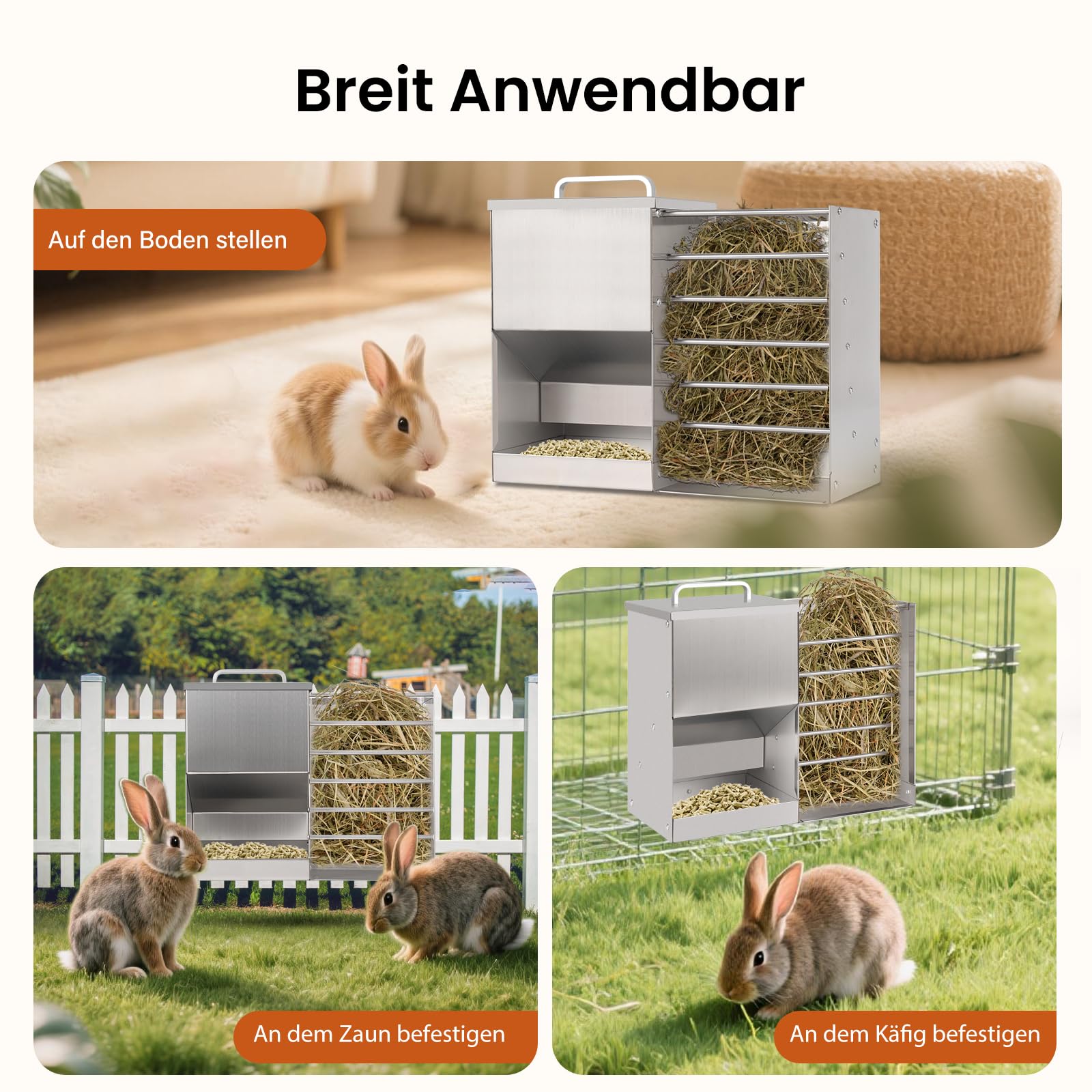 2 in 1 Automatischer Kaninchenfütterer für Käfig Kaninchen Heufutterautomat für draußen Mental Kaninchenfutterspender für Kaninchen Meerschweinchen Hamster Kleintier Futterautomaten