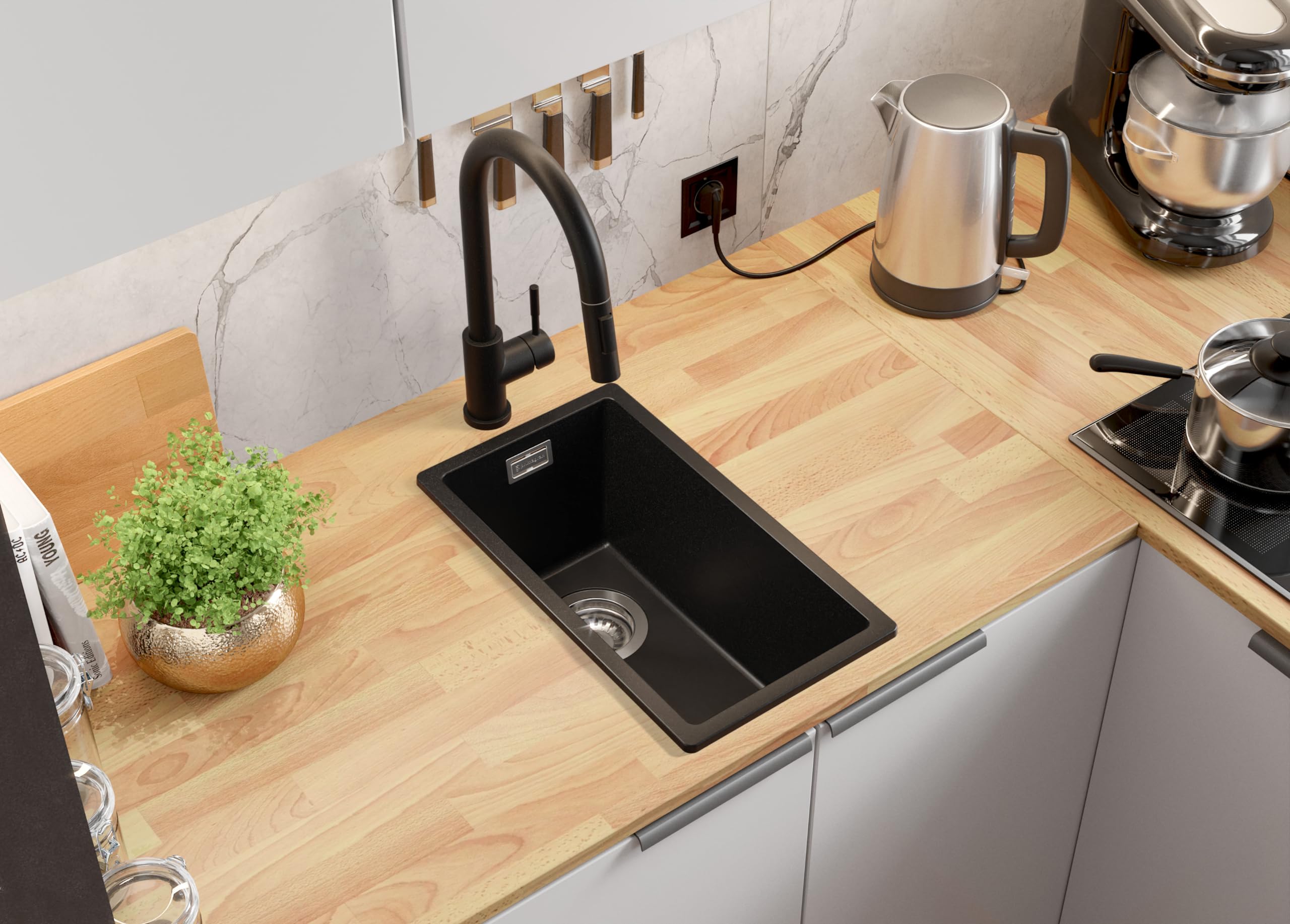 PRIMAGRAN Lavello da Cucina Nero 26x47cm, Lavandino in Granito a 1 vasca + Sifone Classico, Lavabo da Cucina Incasso al Mobile 30cm - London Slim S001