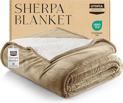 Utopia Bedding - Manta sherpa de tamaño Queen camello, 90 x 90 pulgadas, manta reversible de vellón gruesa y cálida de 480 GSM, para cama, sofá,