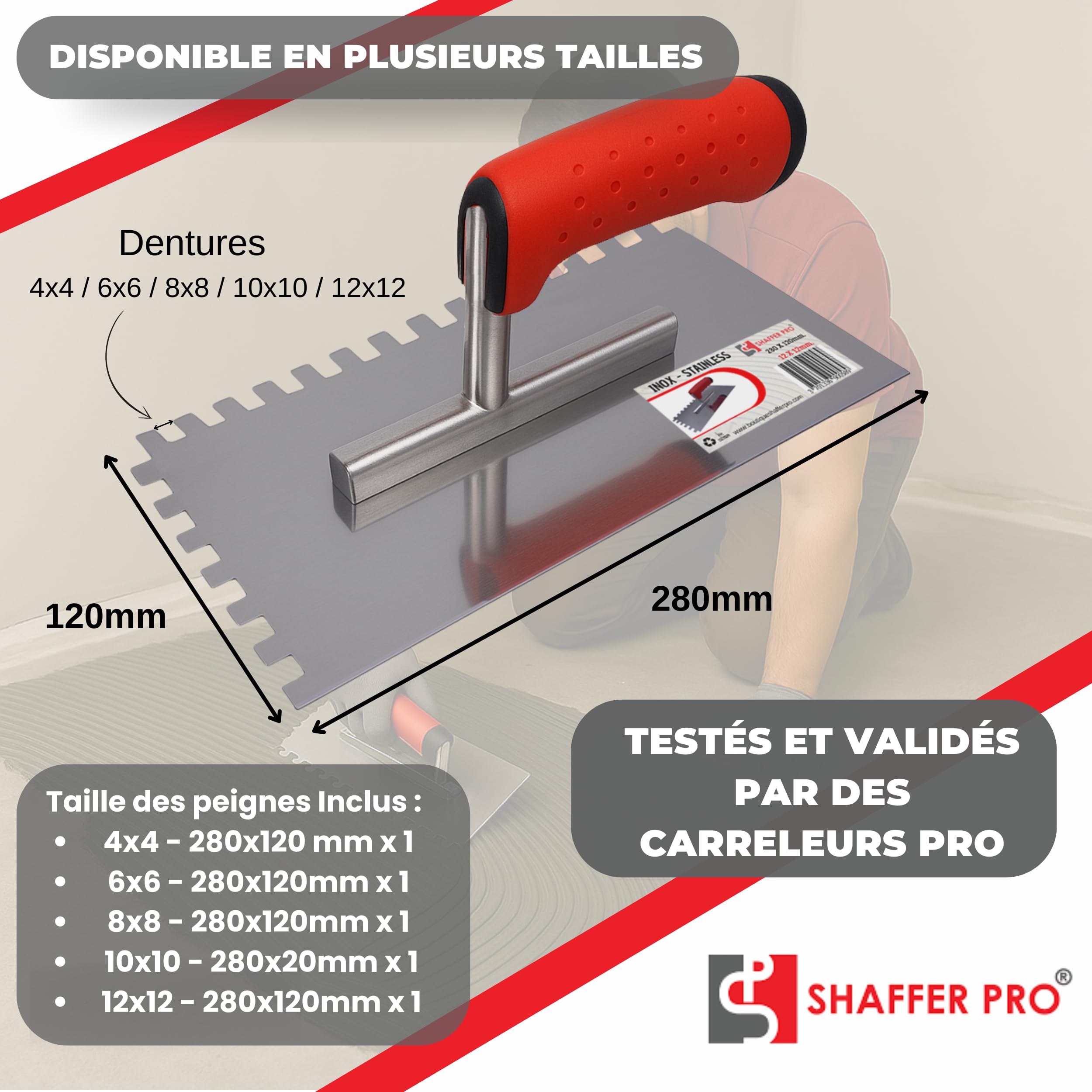 Pack 5 Peignes à Colle Carrelage 4x4 6x6 8x8 10x10 12x12 mm | Peigne Carrelage 4,6,8,10,12 mm | Platoir Inox | Outils Carreleur Pro | Pose Sol Mur Faïence