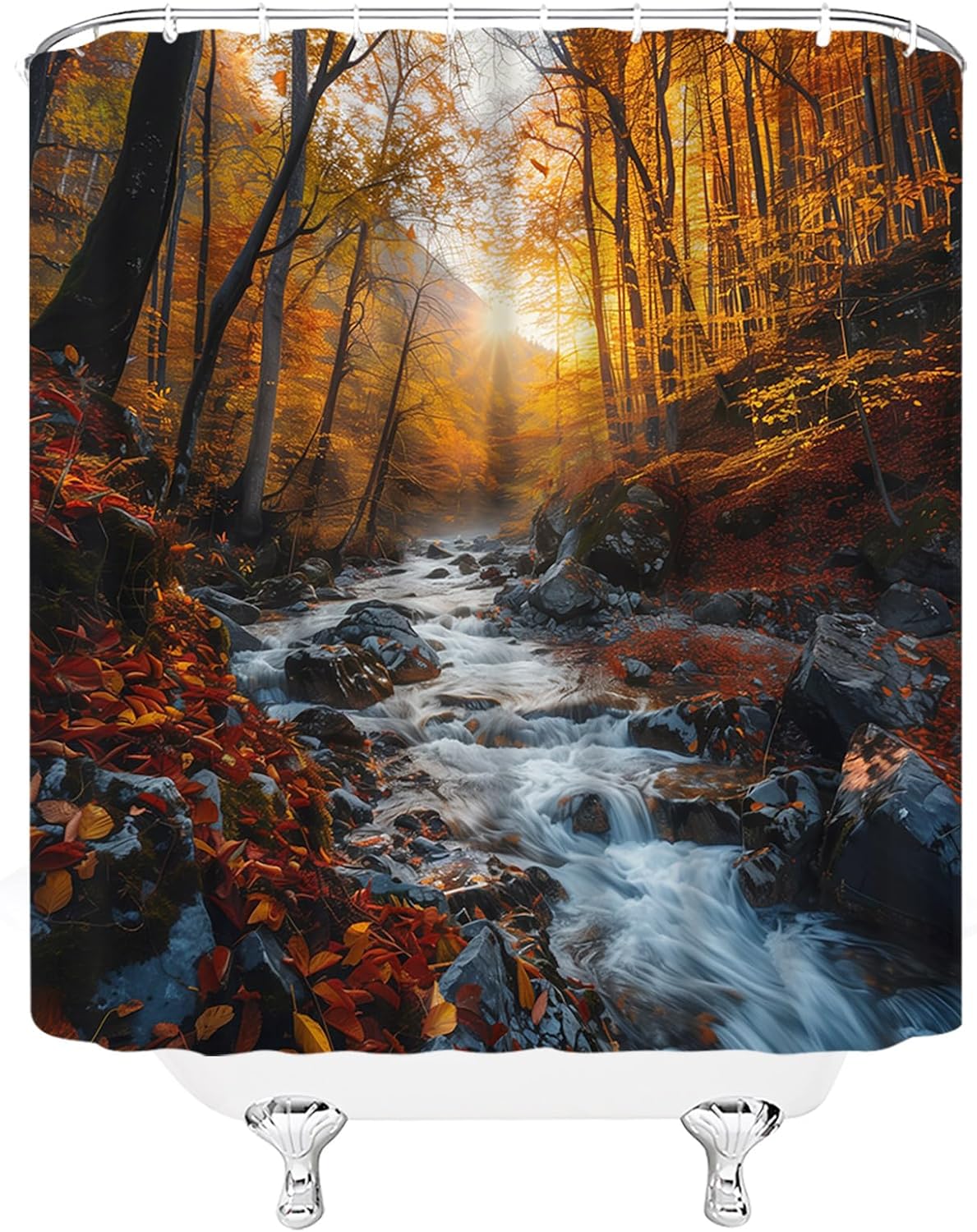 Forest Waterfall Shower Curtain Rustic Fall Autumn Nature Jungle Season Scenery Farmhouse Country Bathroom Decor Curtain Set with Hook