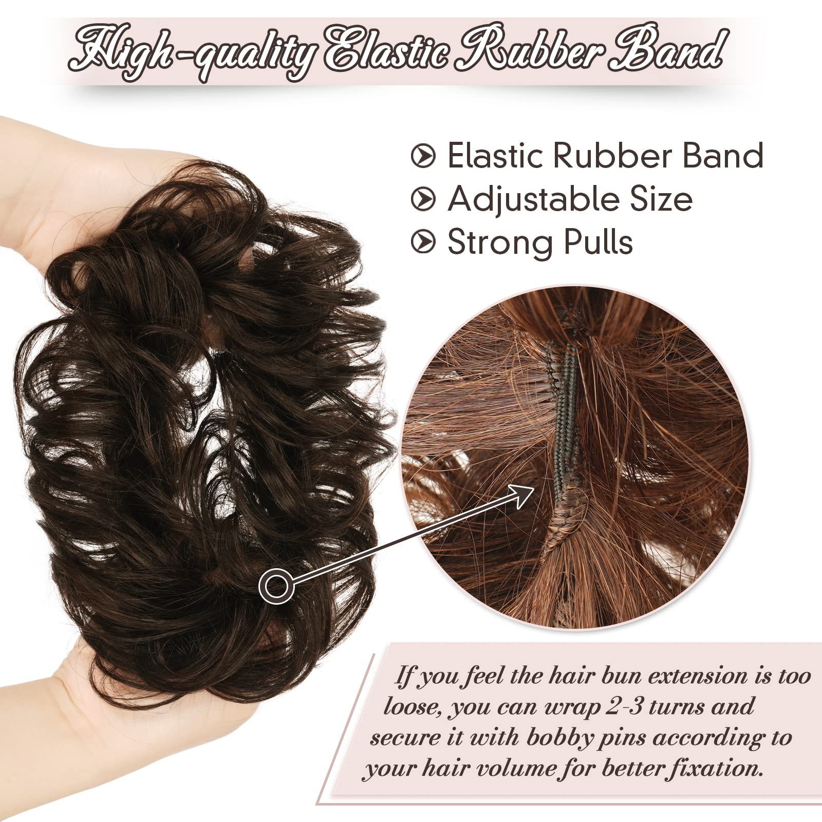 RUWISS Chignon di Capelli 100% Capelli Umani Elastici Chignon Ondulato Capelli Veri Coda di Cavallo Pezzo di Capelli Spessi Updo per Donne Ragazze, Marrone Scuro con 15% Bionda Cacao Scuro