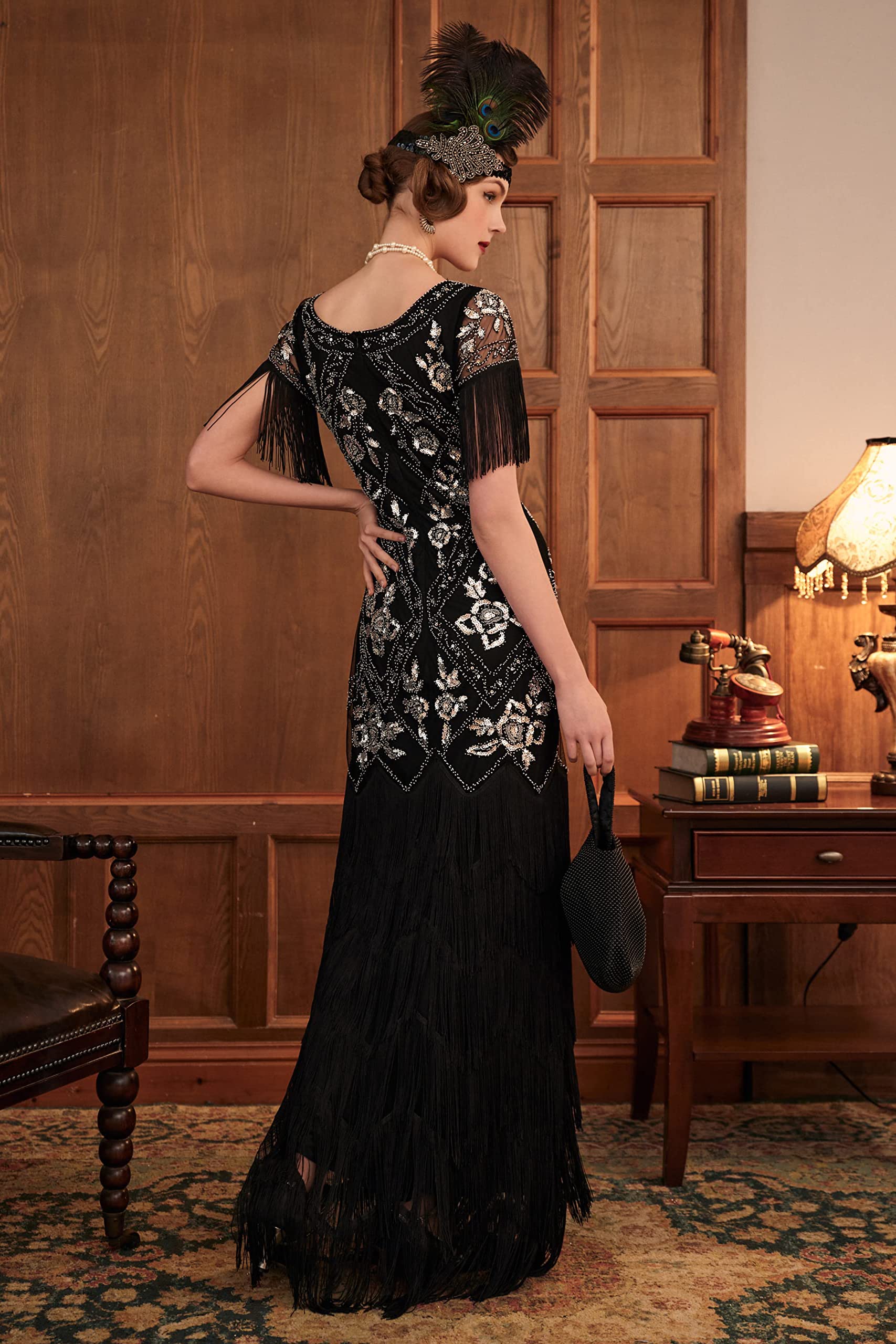 Babeyond Abito da donna anni ‘20 con scollo a V, abito da sera con paillettes e perline, maxi abito per matrimonio, nero e argento