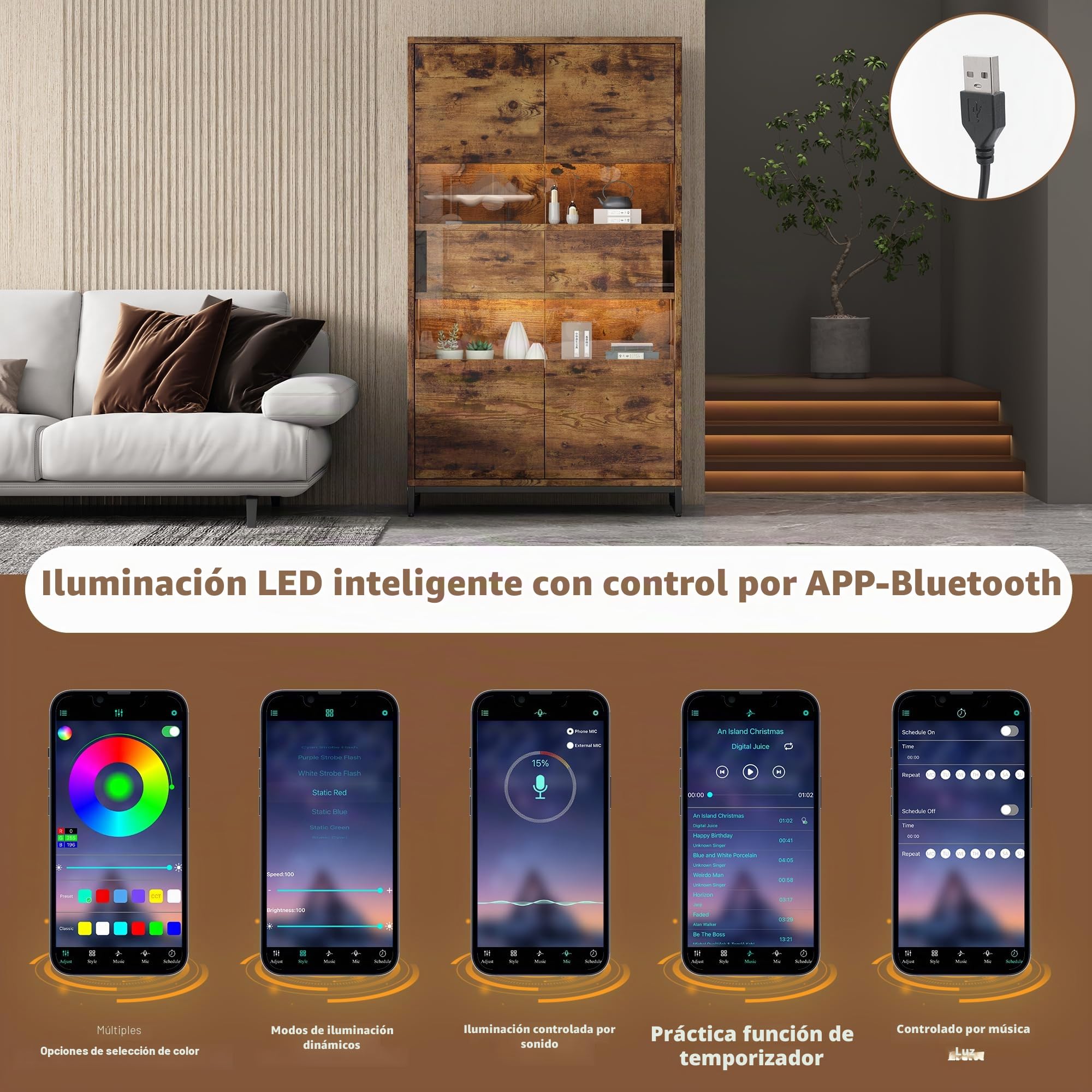 Merax Vitrina transparente con iluminación LED, estantería para libros con 2 puertas y 2 cajones, vitrina coleccionable, vitrina de pie, armarios de vino para salón, comedor, oficina, marrón vintage