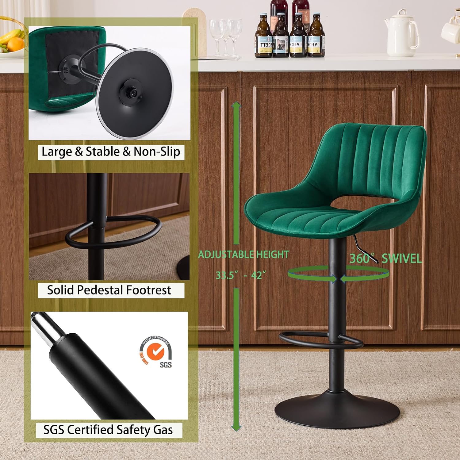 Green Bar Stools Set of 2, Adjustable Swivel Barstools with Velvet Seat and Metal Frame, Modern Counter Height Bar Chairs with Back & Footrest for Kitchen Island, Bar, Dining Room