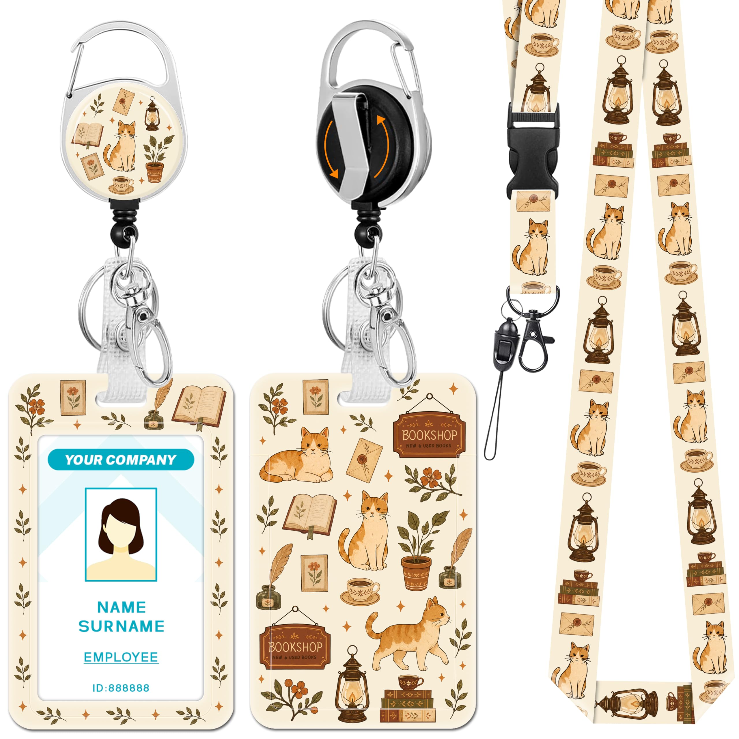 Hancynir Cat Book Floral Lanyards for Id Badges with Retractable Reel Clip