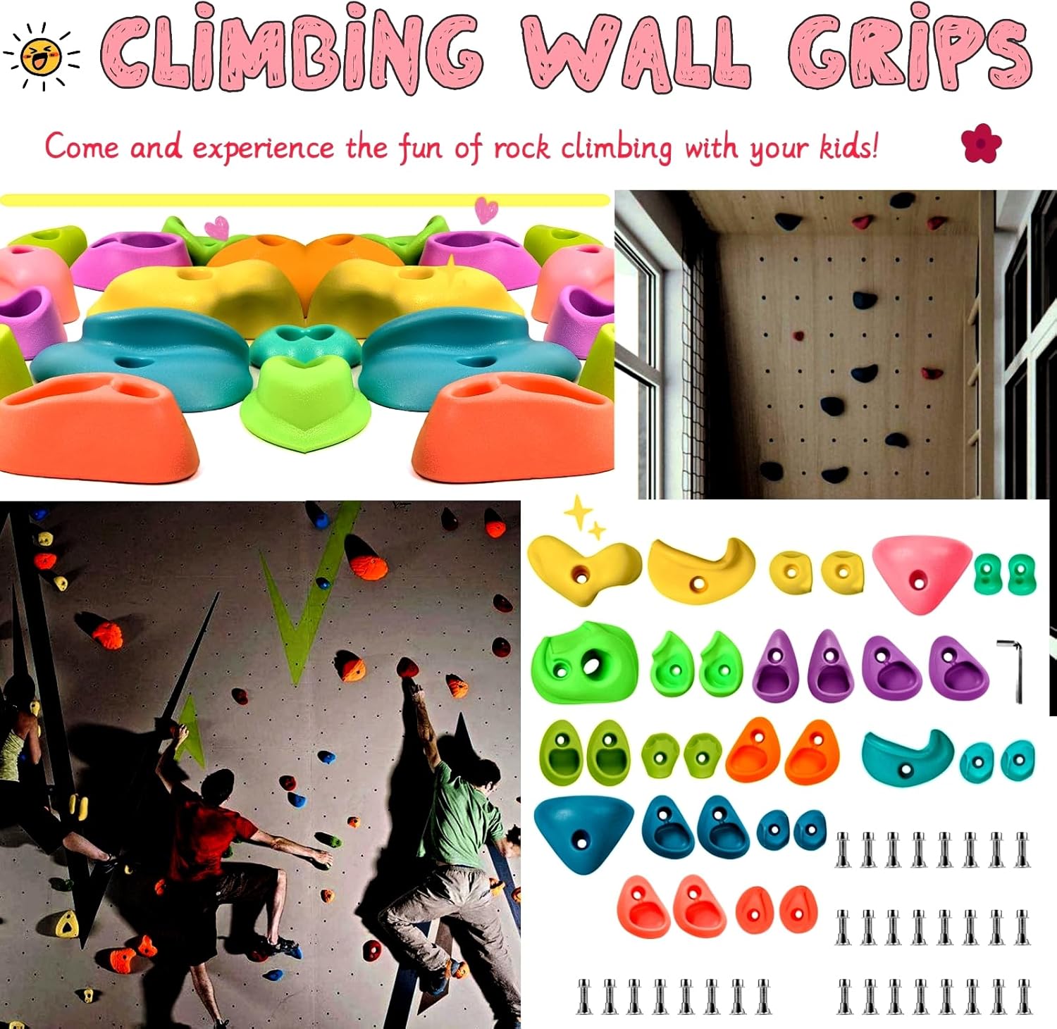 32Pcs Rock Climbing Holds for Kids and Adults, Rock Wall Climbing Grips, Multi-Size & Color, for Playground Indoor Outdoor Play Set, with 32 Set Mounting Hardware and 1 x Hexagon Wrench