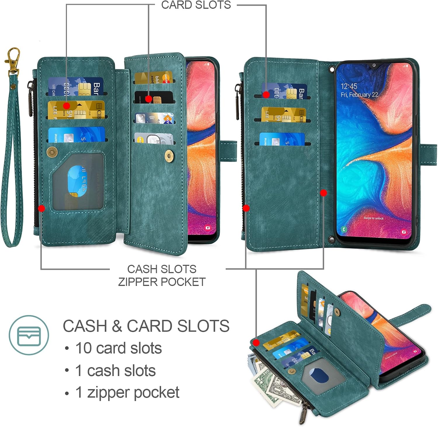 Asuwish Phone Case for Samsung Galaxy A20 A30 Wallet Cover and Tempered Glass Screen Protector Leather Flip Credit Card Holder Stand Wrist Strap Cell Accessories M10s A 30 20A SM A205G Women Men Blue