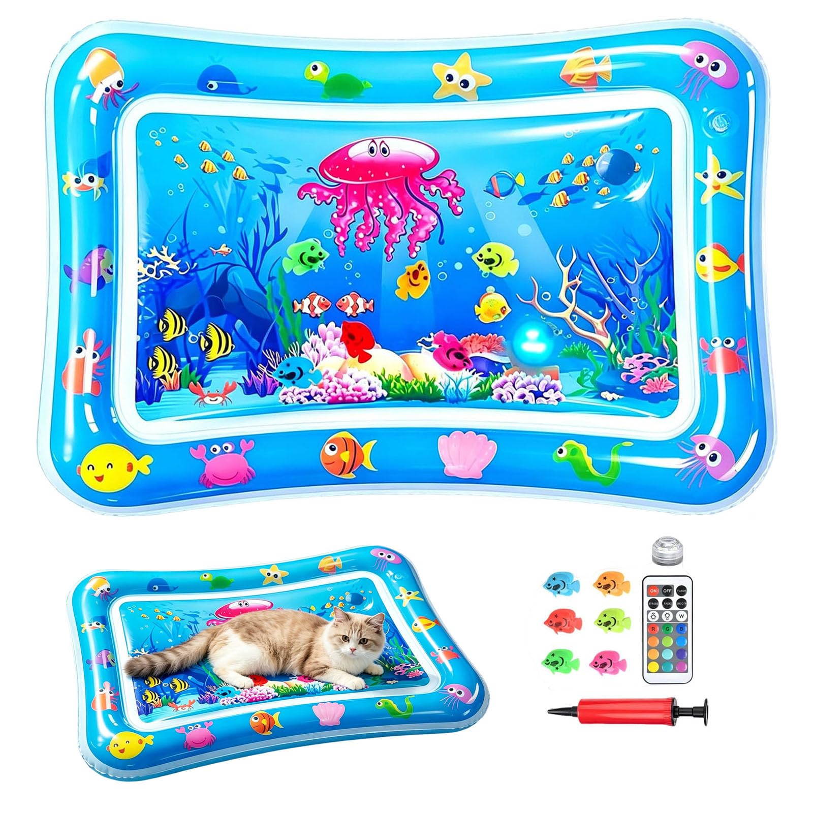 Kühlmatte Katze Wassermatte, Katzenspielzeug Wassermatte Sensorische Katze, 60x40CM Katzen Kühlmatte Katzenpool mit Fischen Spielzeug Licht, Interaktives Katzenspielzeug Selbstbeschäftigung Wasserbett