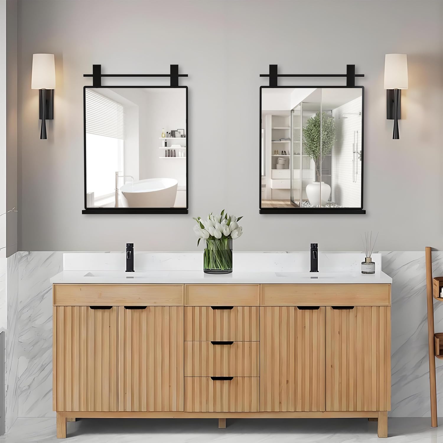 ANYHI Black Bathroom Mirror for Wall, Rectangular Metal Wall Mirror with Shelf, 20"x28" Decorative Mirror for Living Room, Bedroom, Entryway, Vertical