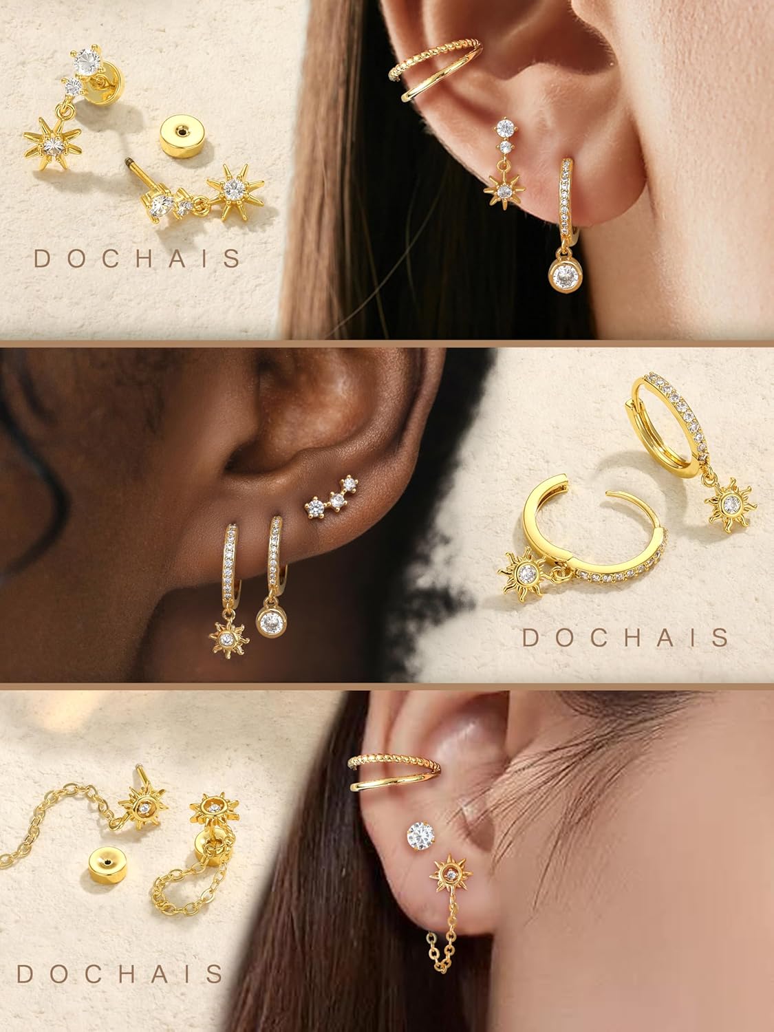 Dochais Flat Back Cartilage Earrings for Women Trendy Dainty CZ Flatback Studs Earing Sets 14k Gold Plated Hypoallergenic Huggie Hoops Earring Stacks for Multiple Piercing - Image 2