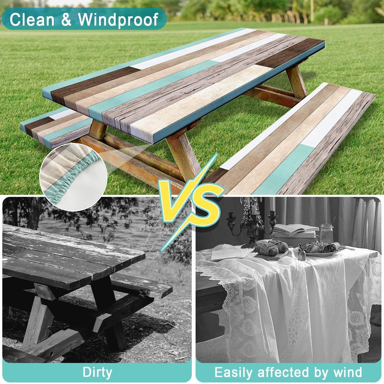 Picnic Table Cover with Bench Covers and Bag, Teal Wooden Camper Waterproof Windproof, Fitted Tablecloth Cover with Elastic Edge, for Indoor & Outdoor, Garden, Camping, 3 Pieces Set, 30x96 Inch
