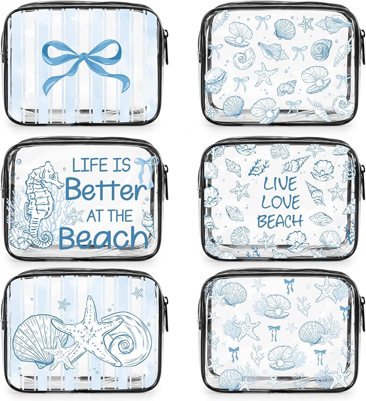 Necessaire transparente Falueqg com estampa de praia e zíper, azul oceano, Pacote com 6