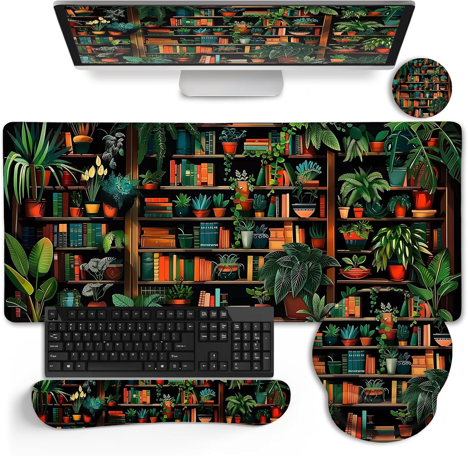Book Mouse Pad Set Large Desk Matt for Desktop, Ergonomic Mouse Pad with Wrist Rest, Gaming Mouse Pad Wrist Support Keyboard Mat Cup Coaster Set Cute Office Desk Decor Accessories