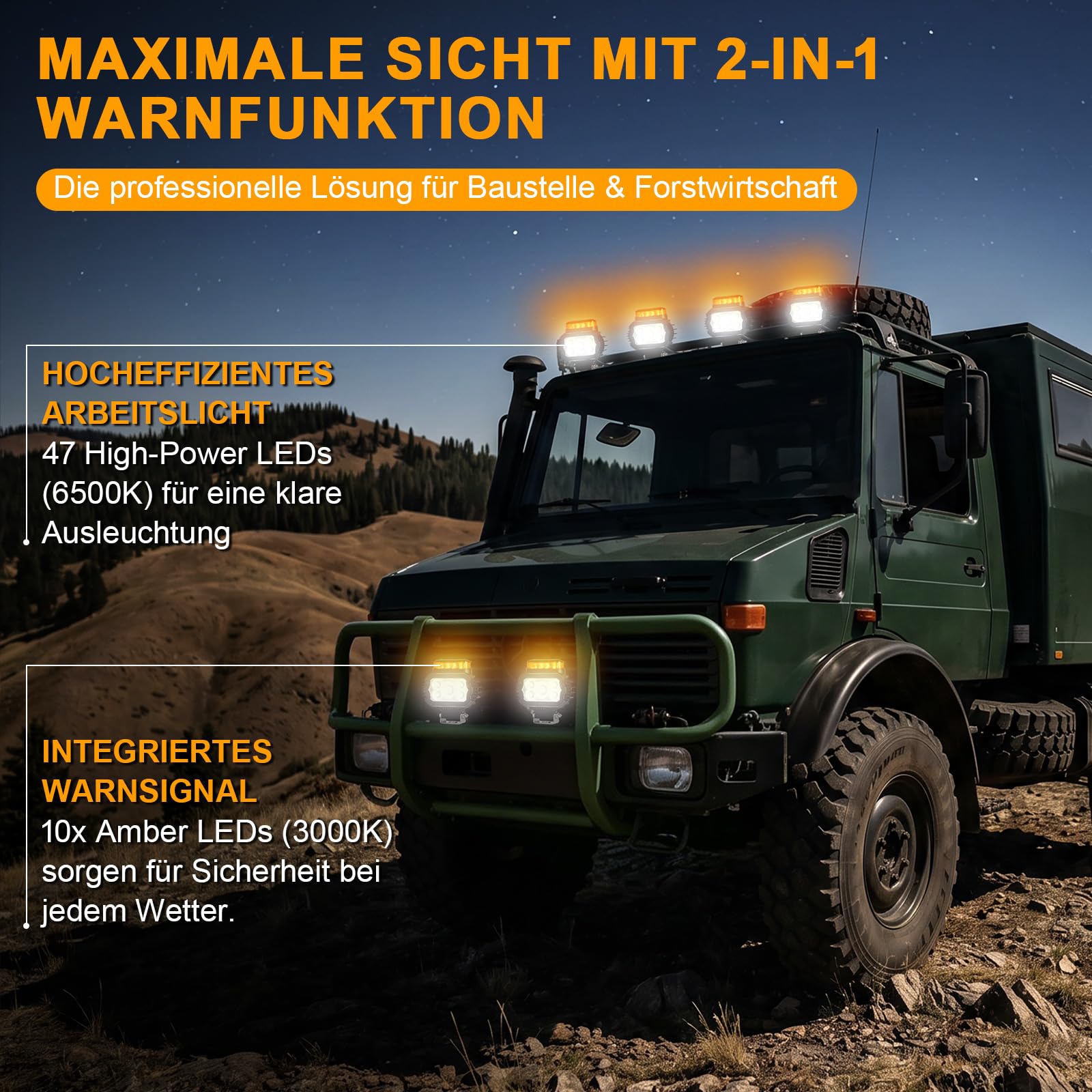 2-in-1 LED Arbeitsscheinwerfer 12V/24V Flutlicht mit Bernstein Warnlicht