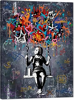 MAMAGO Banksy Wall Art Graffiti Abstract Canvas Decor Prints a Girl Sit on the Swing Thinking Picture for Living Room Office Modern Artwork Framed Ready to Hang - 12 x16 inch