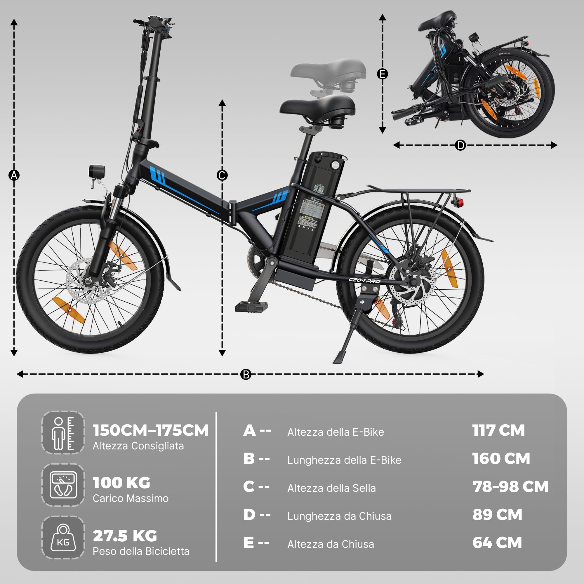 Bici Elettrica, 20" Bici Elettrica Pieghevole da 48V 624 Wh Batteria | Autonomia di 100 km, Motore 250W, Bici Elettrica Uomo Donna con Display LCD, 7 Velocità, E-Bike Per Pendolari Urbani