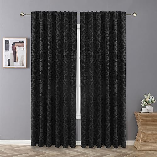 OVZME Jacquard Room Darkening Curtains 84 Inch Length 2 Panels Set for Bedroom - Thermal Insulated Room Darkening Curtain for Living Room, W52 x L84 Inch, Rod Pocket, Coal