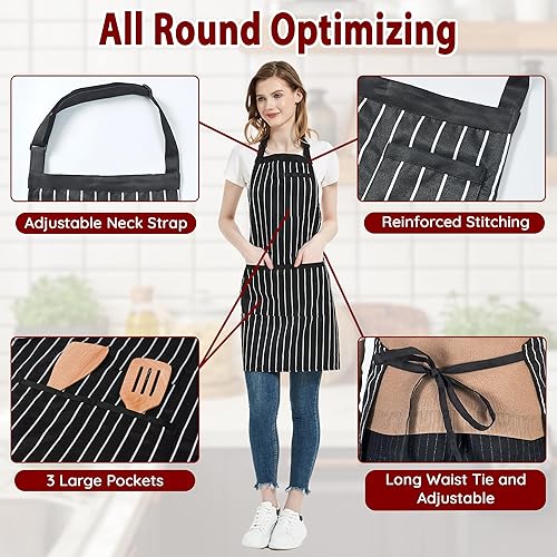 Miniatura 5 de Paquete de 2 delantales de cocina a rayas para hombres y mujeres, delantal ajustable con 3 bolsillos, delantal de chef para cocinar, hornear,