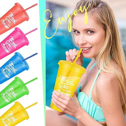 Miniatura 6 de Vaso con popote y tapa, tazas de agradecimiento de 24 onzas, vasos de plástico reutilizables para café helado, botella de agua para bebidas frías a