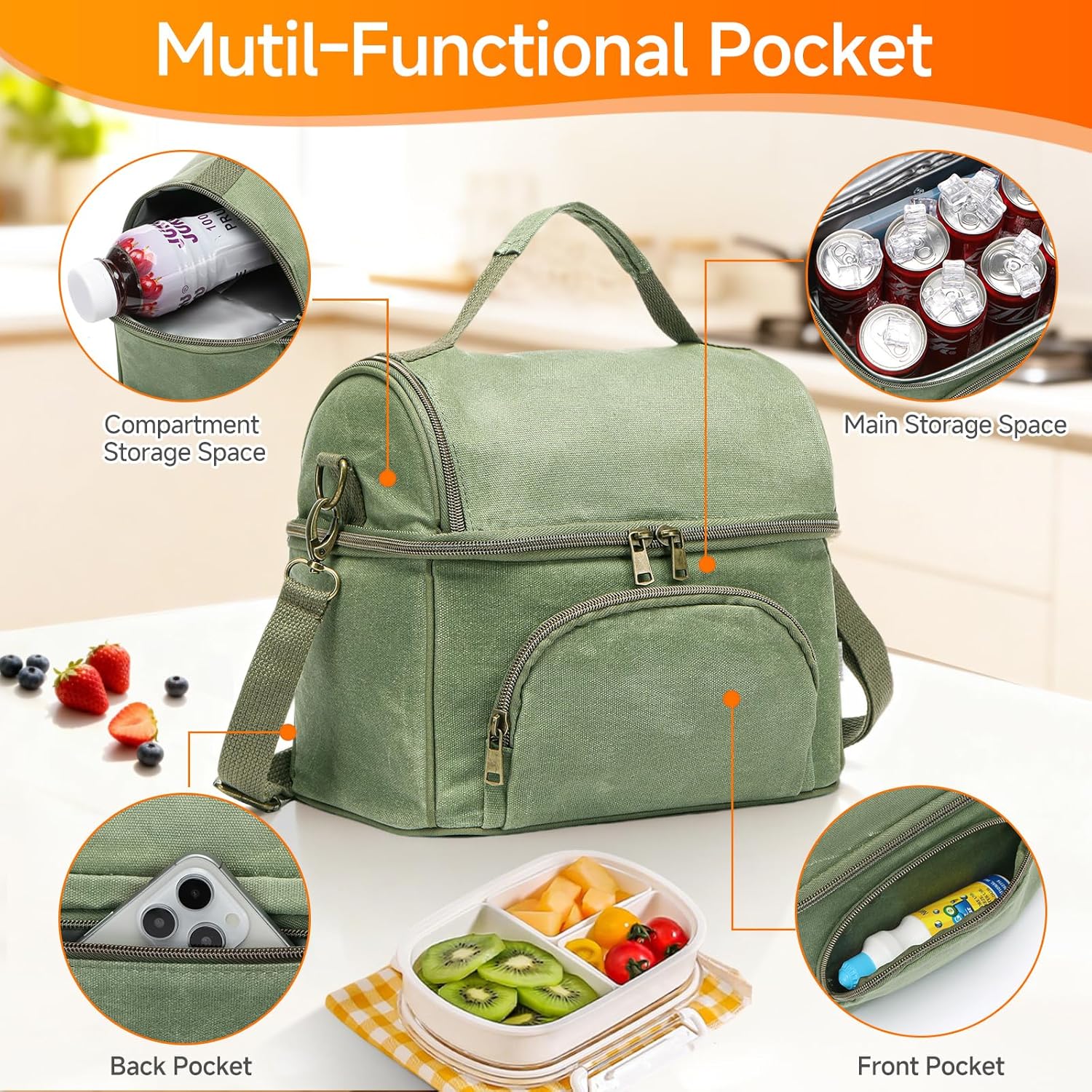 Mens Lunch Box with 2 XL icepacks,Sturdy Waxed Canvas Insulated Lunch Bag for Adult, 2 Compartment Soft Cooler Bag For Work, Picnic, Travel, Outdoors (10.5L) 10"x7"x9.5" (London Green) - Image 4