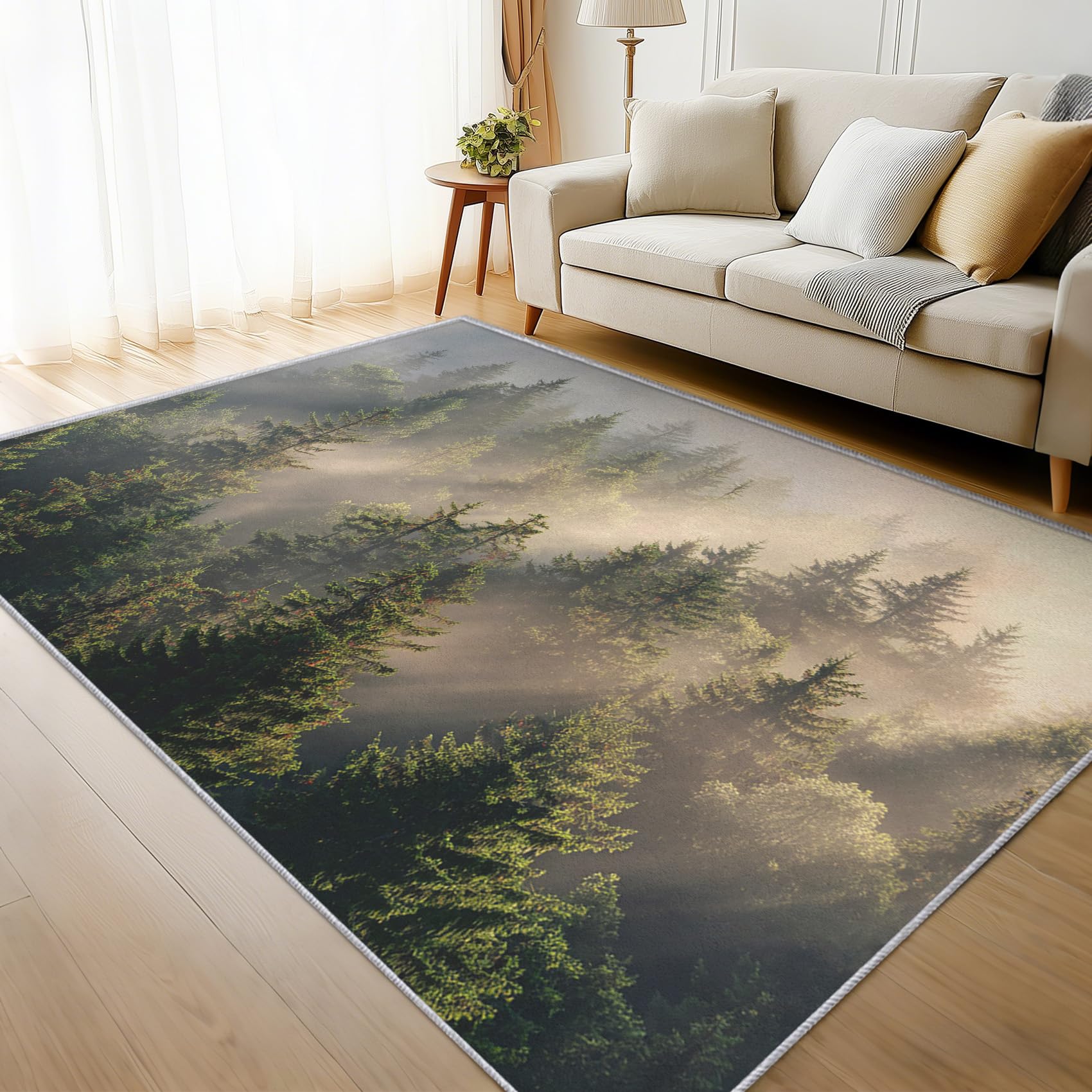 Grand tapis de salon 240x340 cm motif forêt brumeuse en flanelle h-90
