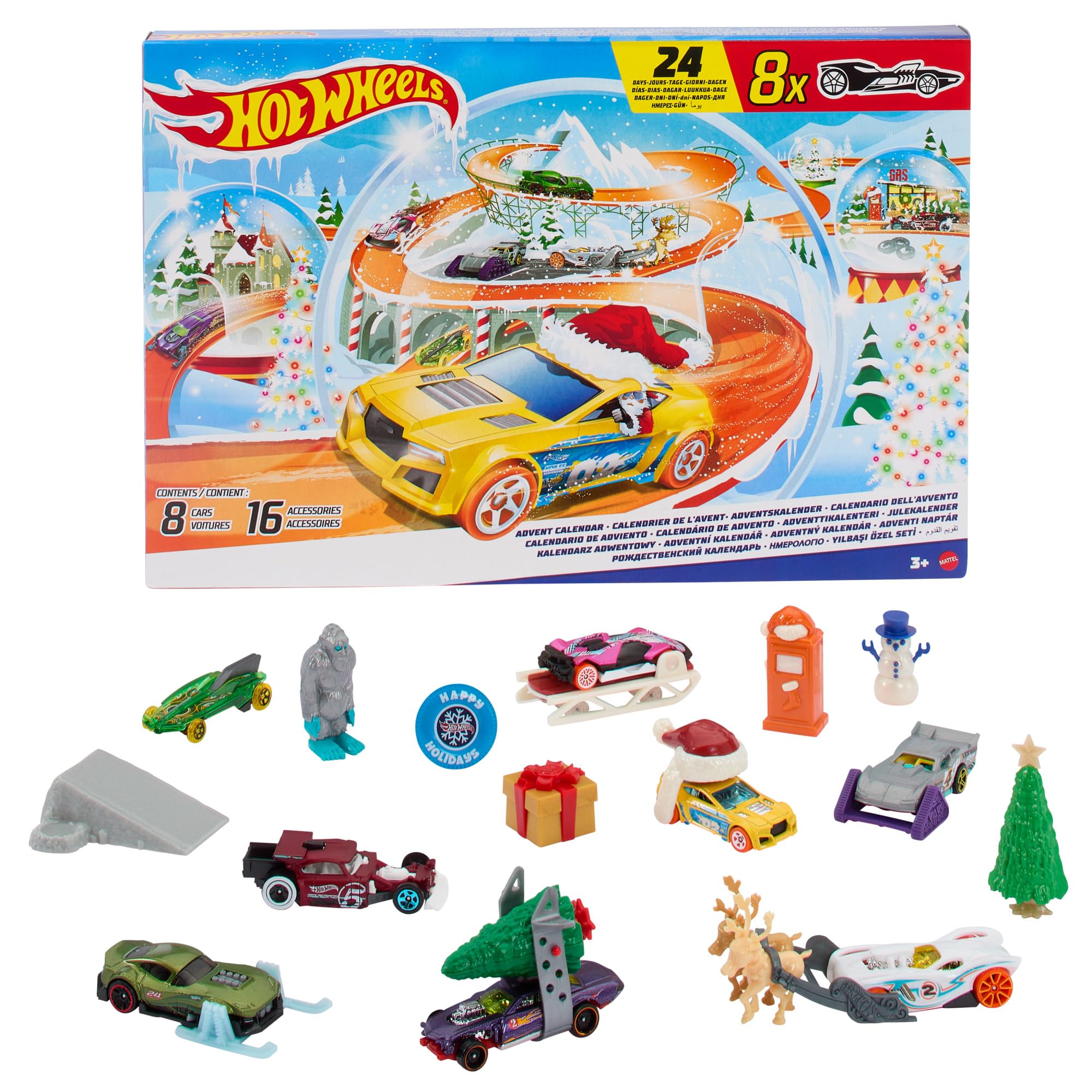 Hot Wheels - Calendario dell'Avvento 2024, 24 finestrelle numerate con sorprese e tappetino di gioco, 8 macchinine e 16 accessori a tema invernale, giocattolo per bambini, 3+ anni, HTG00