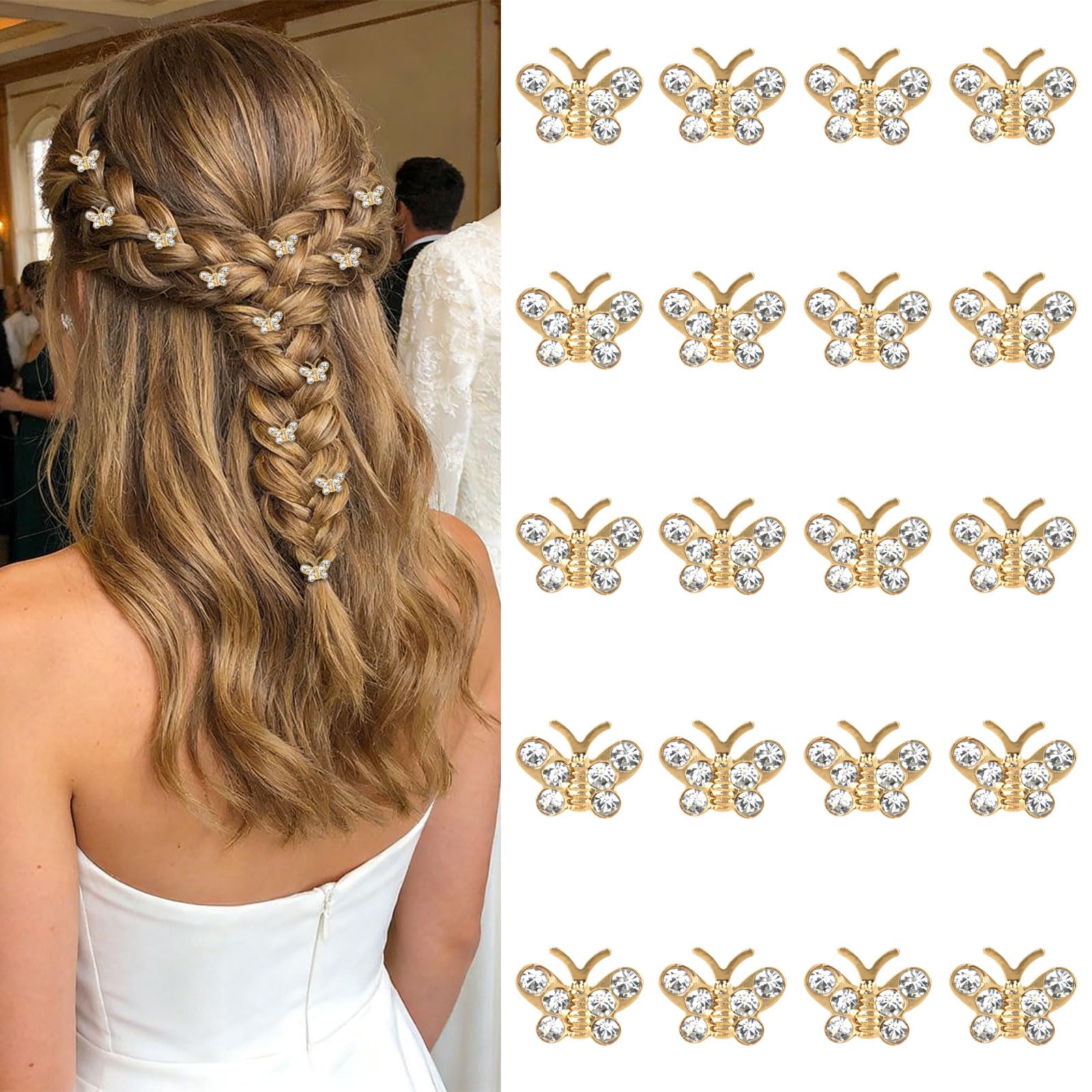 YISSION Mini Gold Crystal Butterfly Hair Clips - 20 Pcs Rhinestone Tiny Hair Barrettes for Women Girls, Decorative Small Hair Pins for Wedding Bridal
