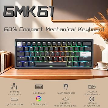 GMK61 60% Mechanical Keyboard,Tri-Mode PBT Keycaps Linear Switches 61 Keys,South-Facing RGB Gasket Mounted Plate Gaming Keyboard for Win/MAC (Black, Brown Switch)