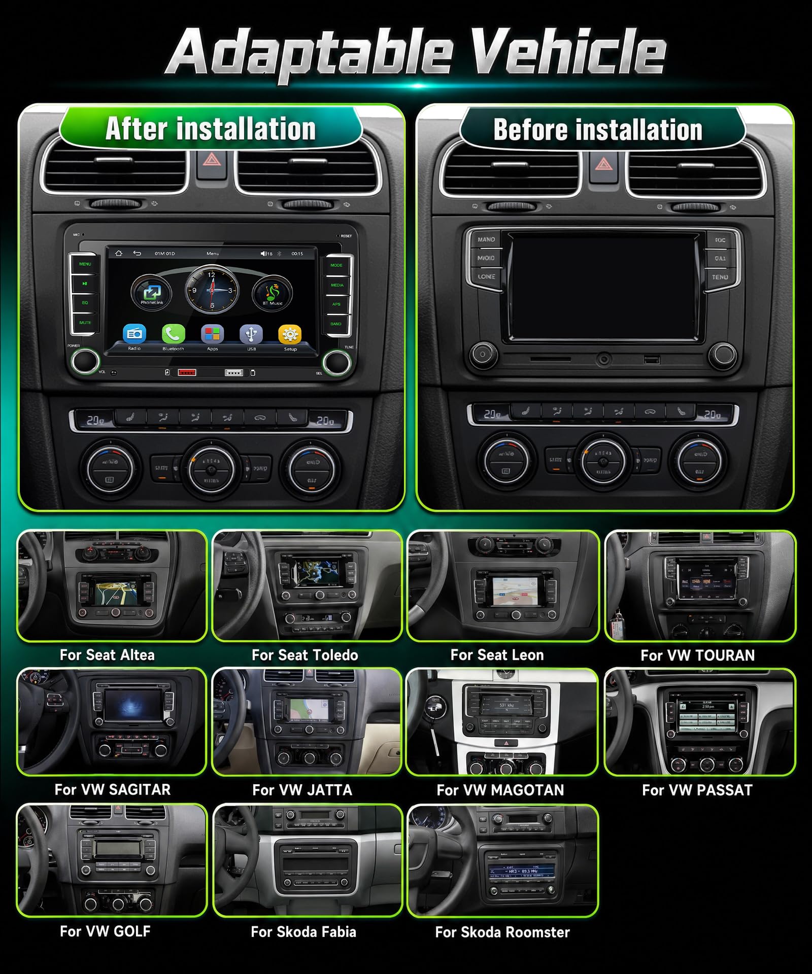 2G+64G sans Fil Carplay Android 13 Autoradio 2 Din pour VW Golf 5 6 Passat Polo Tiguan Touran Caddy Skoda Seat 9 Pouces Autoradio avec Android Auto GPS Navi WiFi Bluetooth FM/RDS/SWC Caméra de Recul