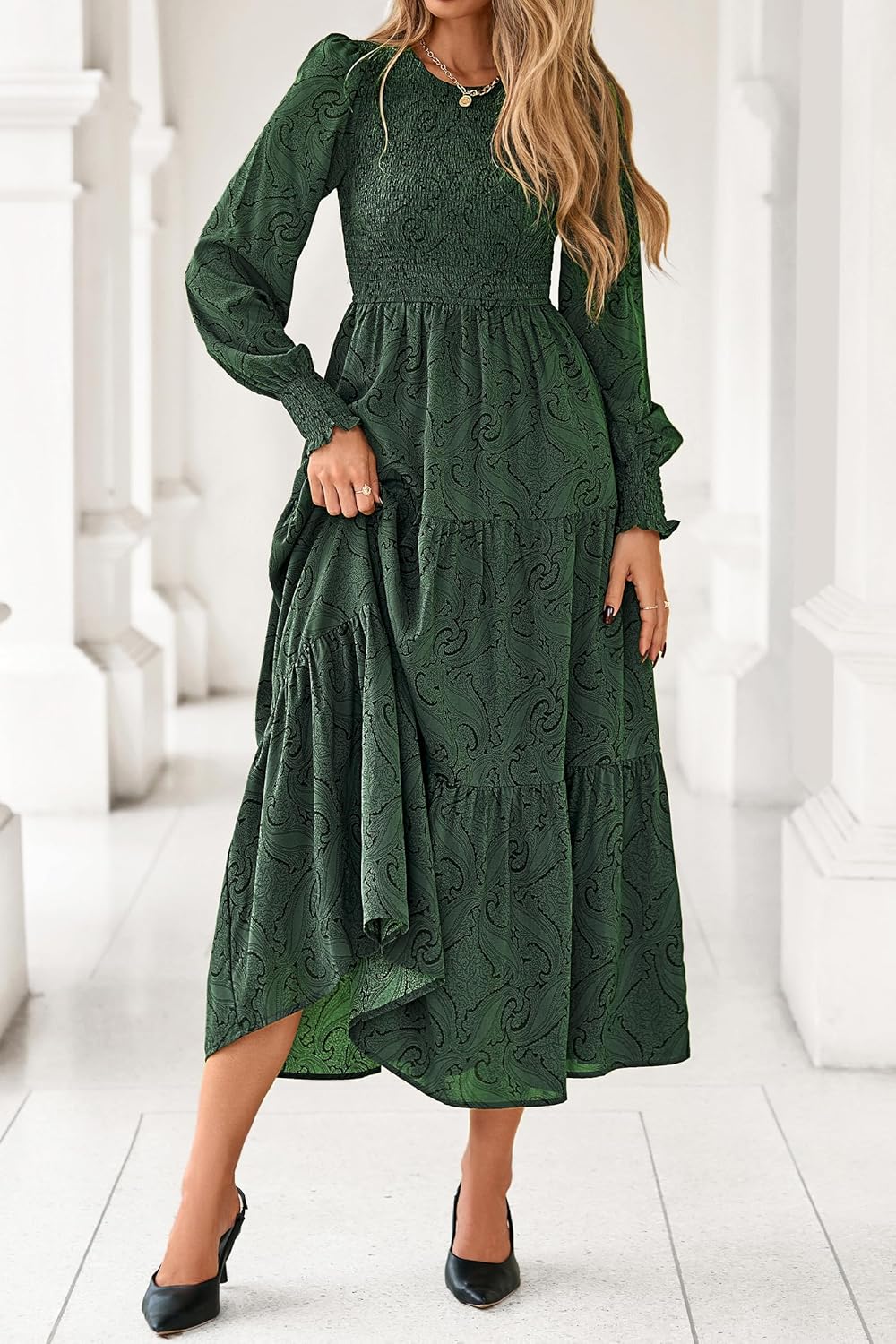 dowerme Maxi Dresses for Women 2026 Long Sleeve Floral Smocked A Line Polka Dot Flowy Boho Vacation Dress Spring Clothes - Image 2