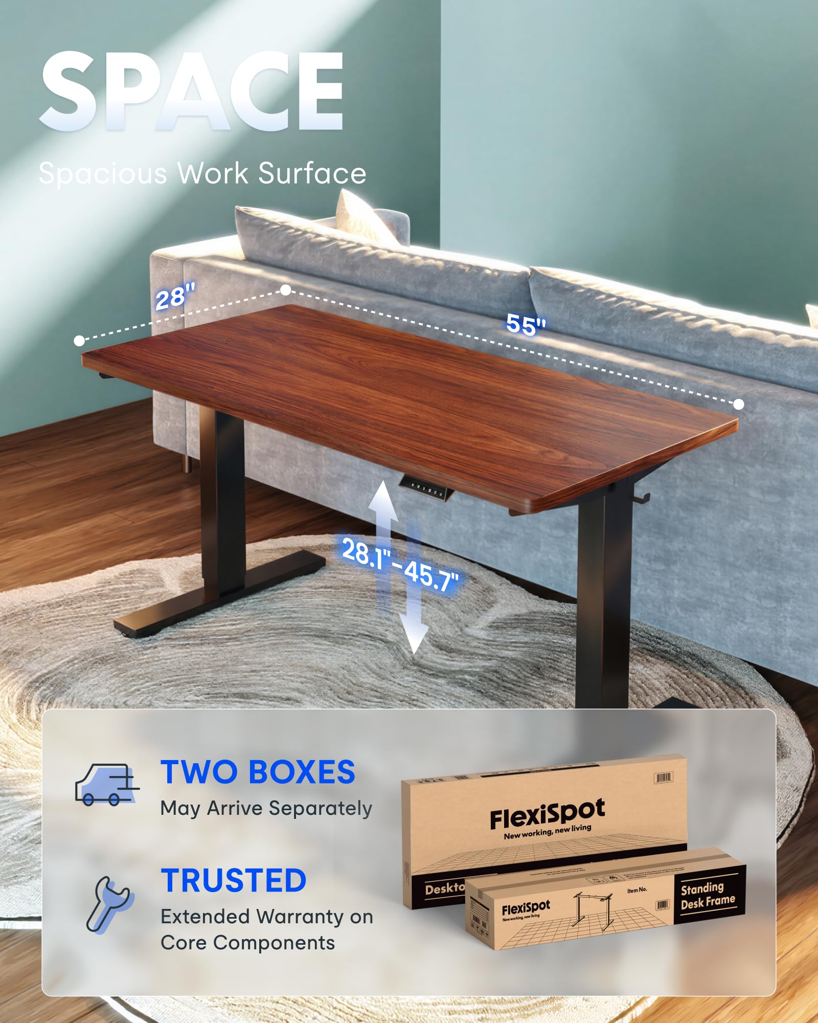 FLEXISPOT EN1 One-Piece Standing Desk, Electric Adjustable with 4 Memory Presets, 176 LBS Capacity, Stable & Quiet, Seamless Desktop for Home Office & Dual Monitors, 55"x28" Mahogany view 5
