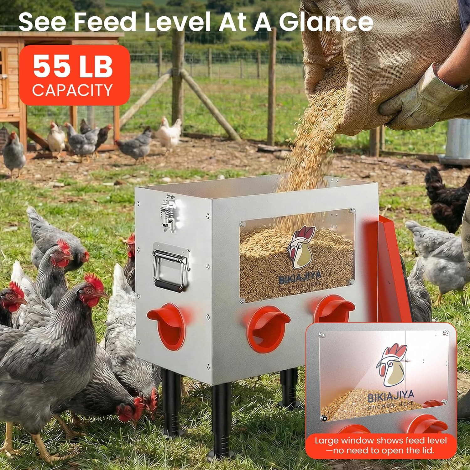 BIKIAJIYA Automatic Chicken Feeder, 55LB Large Capacity, Viewing Window Anti-Waste Rust-Proof Alloy Steel, 6 Feeding Ports, Waterproof & Rodent Proof, Adjustable Legs & Locking Lid for Chickens, Ducks