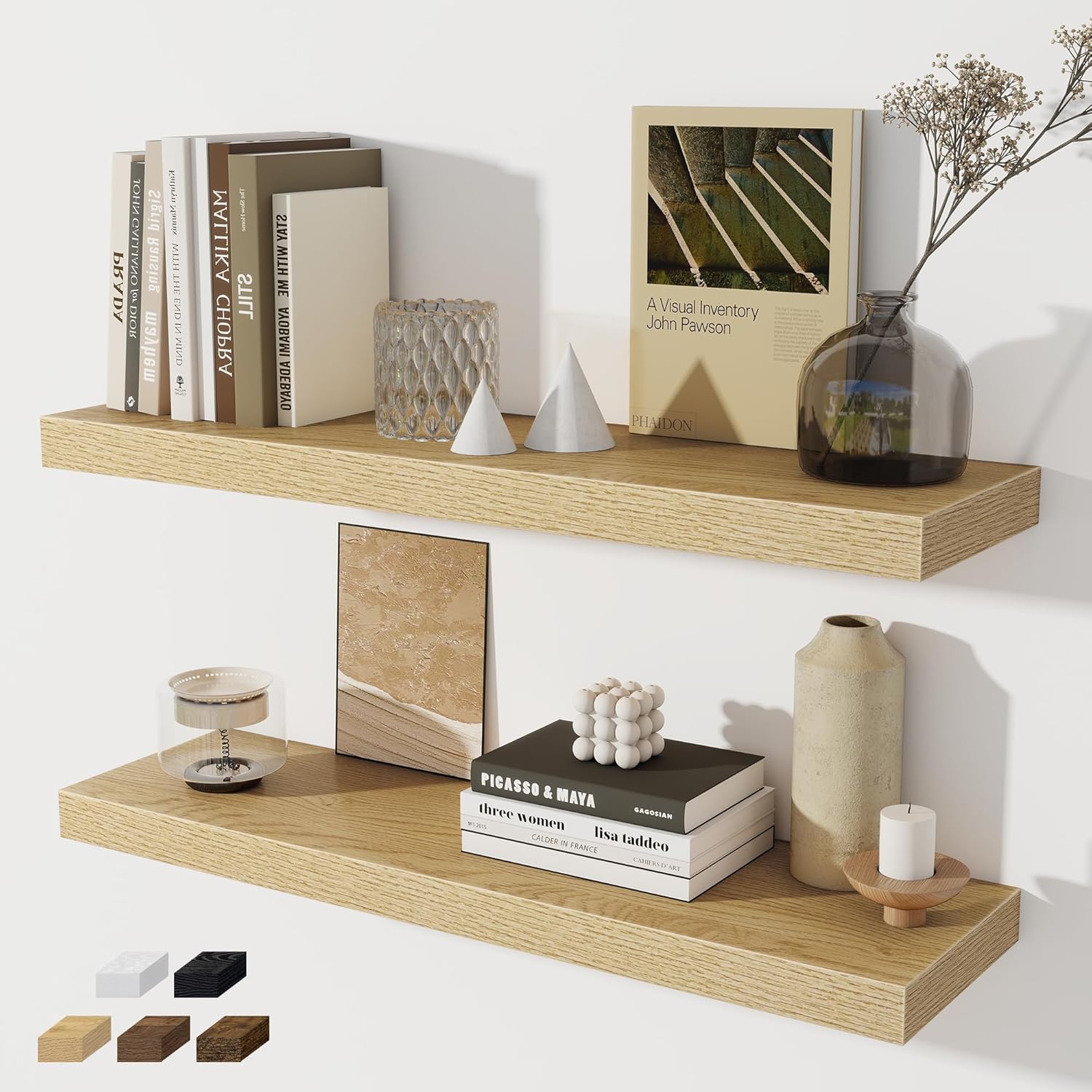 Fun Memories Floating Shelves - 2 Pack 30 Inch Long Rustic Wooden Wall Shelves - 8 Inch Deep Wall Mounted Storage Shelf with Invisible Heavy-Duty Brackets for Books, Bathroom, Kitchen - Oak Oak 30 Inch, Set of 2