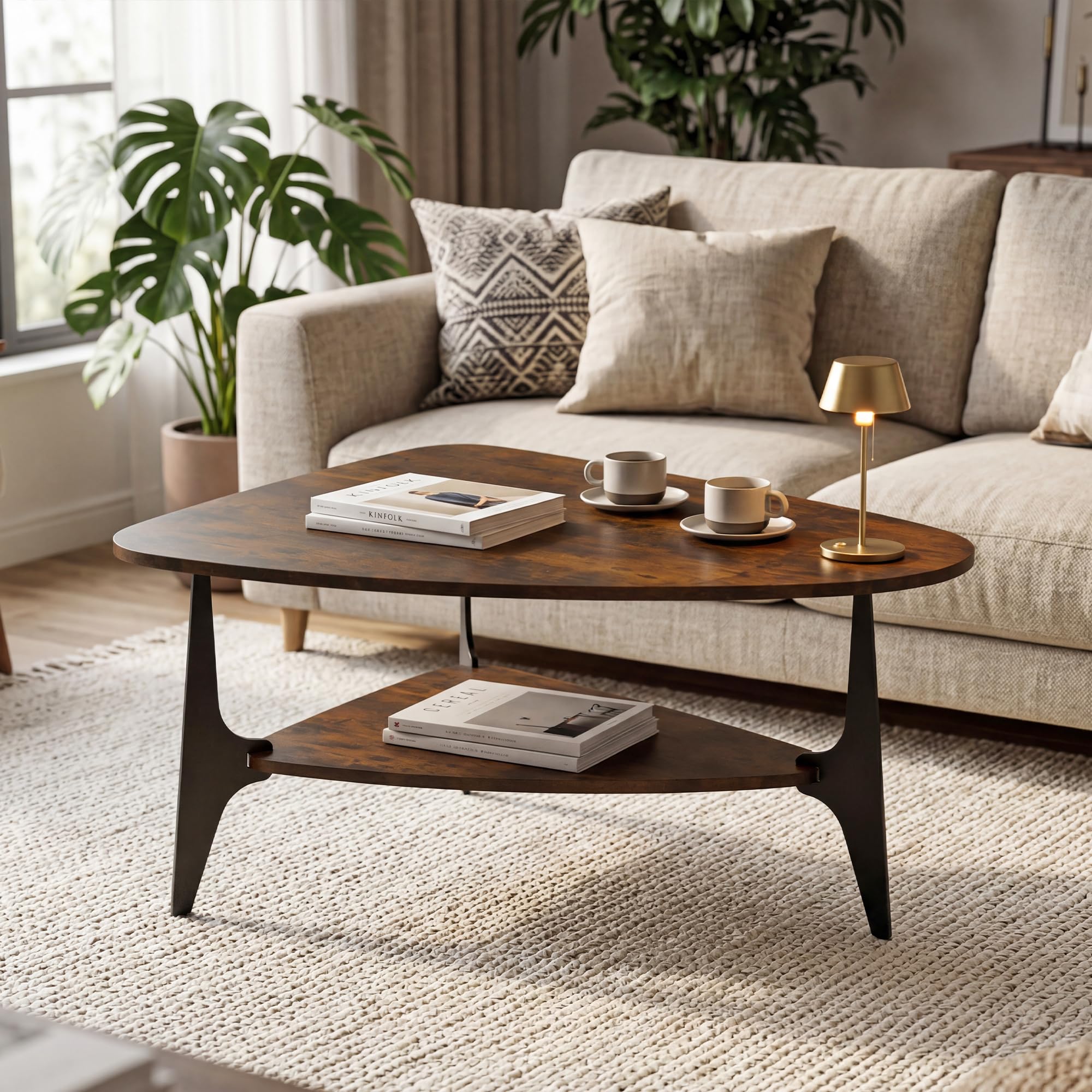 Manora Coffee Table 2 Tier Rustic Brown Triangular Side Table Metal Legs
