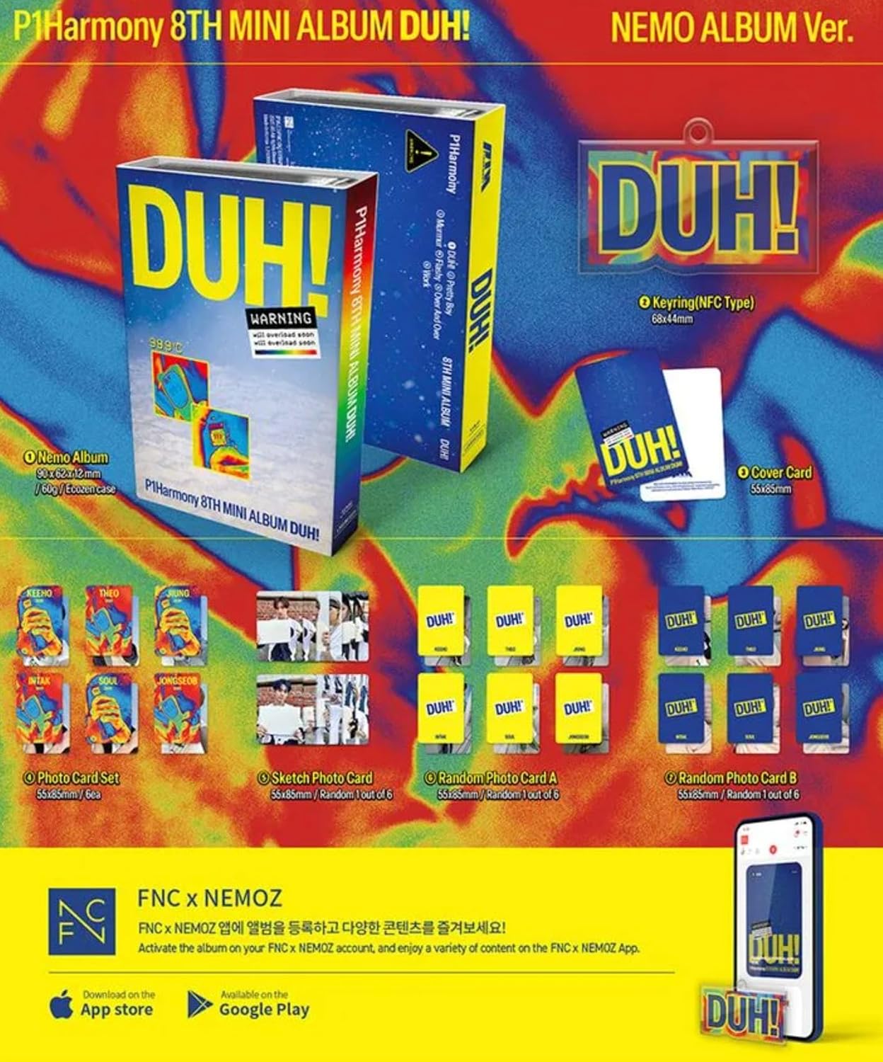 P1Harmony 8th Mini Album DUH!, NEMO Version, Includes Photo Cards, Keyring, Cover Card