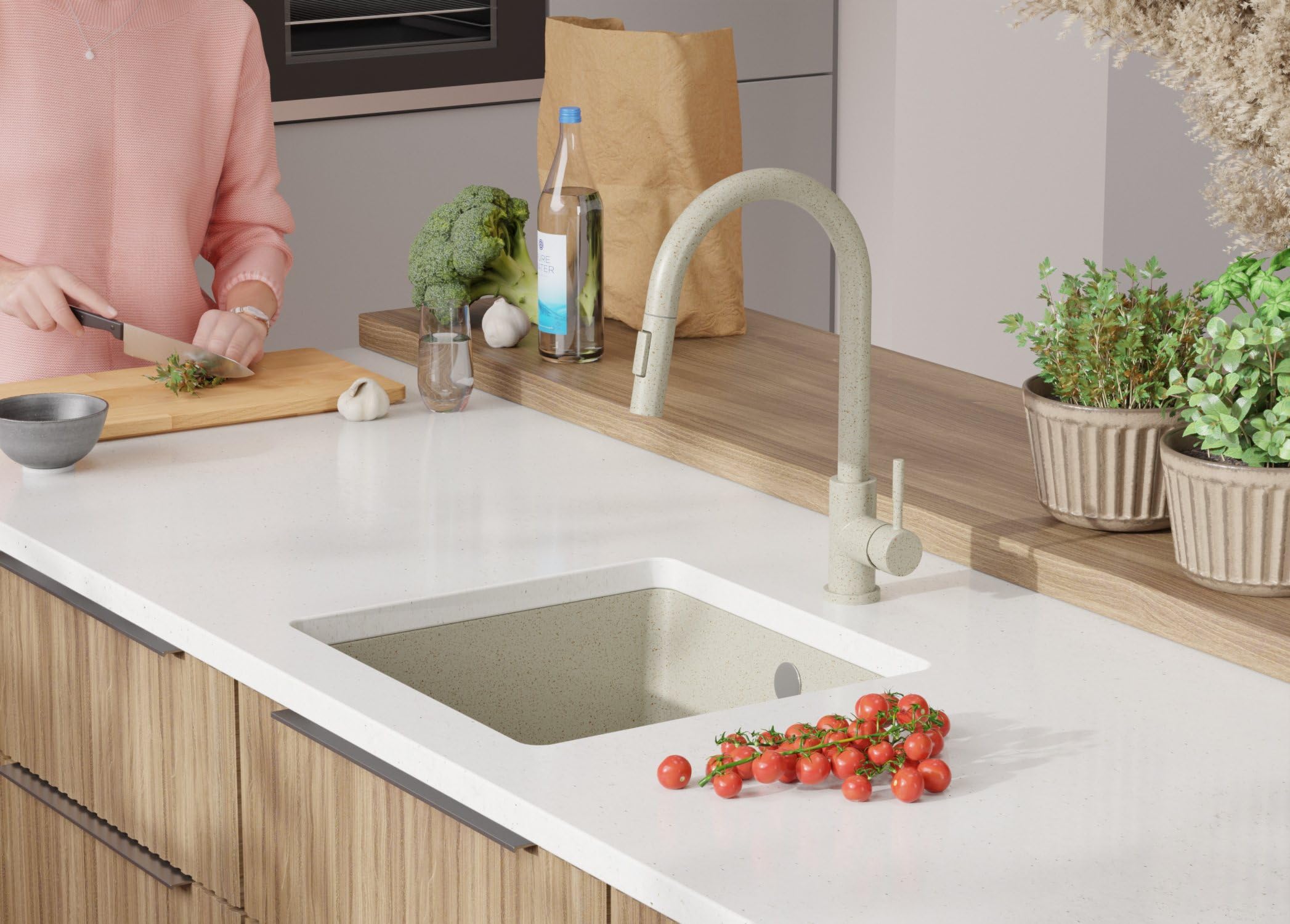 PRIMAGRAN Fregadero bajo Encimera Todo Beige - Venecia Easy, 46x44cm | Cocina 1 Seno + Sifón, Granito al Mueble 50cm (S036)