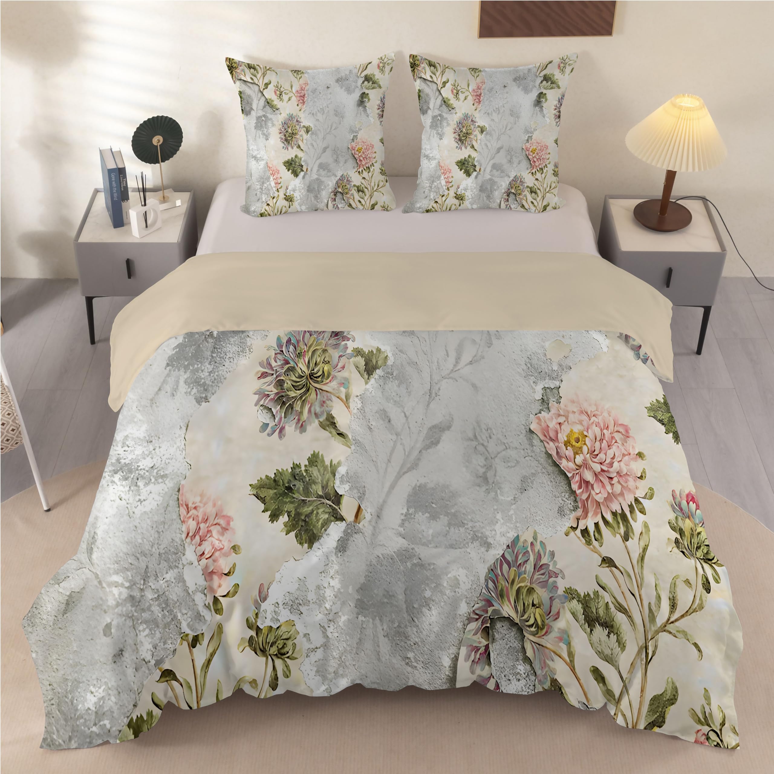 Housse de couette 240 x 260 fleurs beige rose esthétique vintage