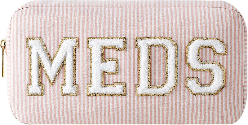Necessaire de maquiagem uekeboag com zíper, tecido seersucker e aplique bordado 04Pink Meds