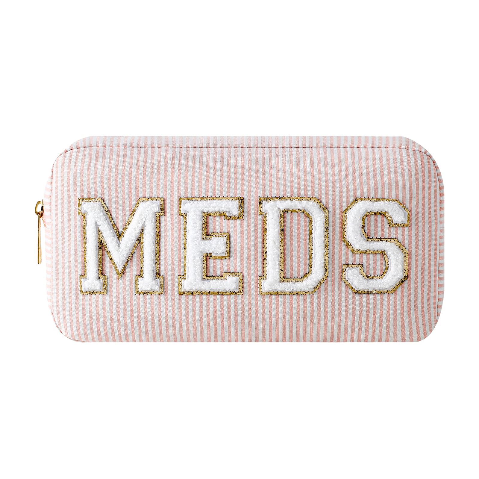 uekeboag Seersucker Chenille Letter Stuff Meds RX Makeup Bag, Travel Washable Purse Organizer with Zipper, Lightweight Toiletry Cute Personalized