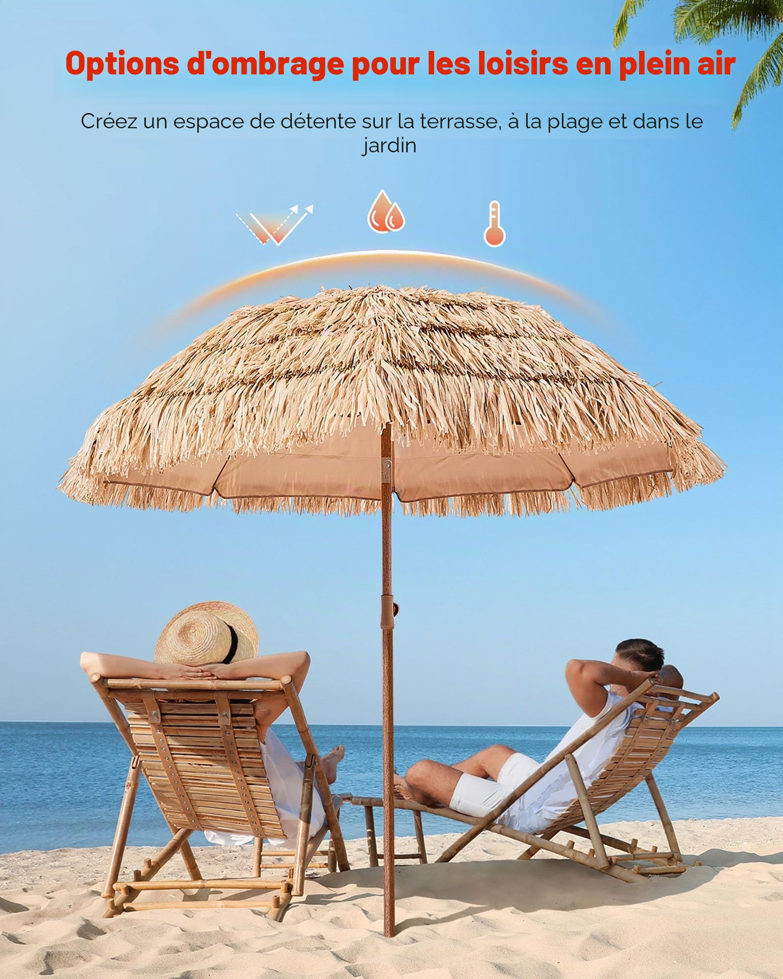 VEVOR Parasol Hawaïen, 2 m Parasol Exotique Inclinable avec Toit Chaume PP, 8 Baleines Métalliques, Protection Solaire Extérieure Flexible pour Plage, Terrasse, Bord de Piscine, Jardin, Arrière-cour