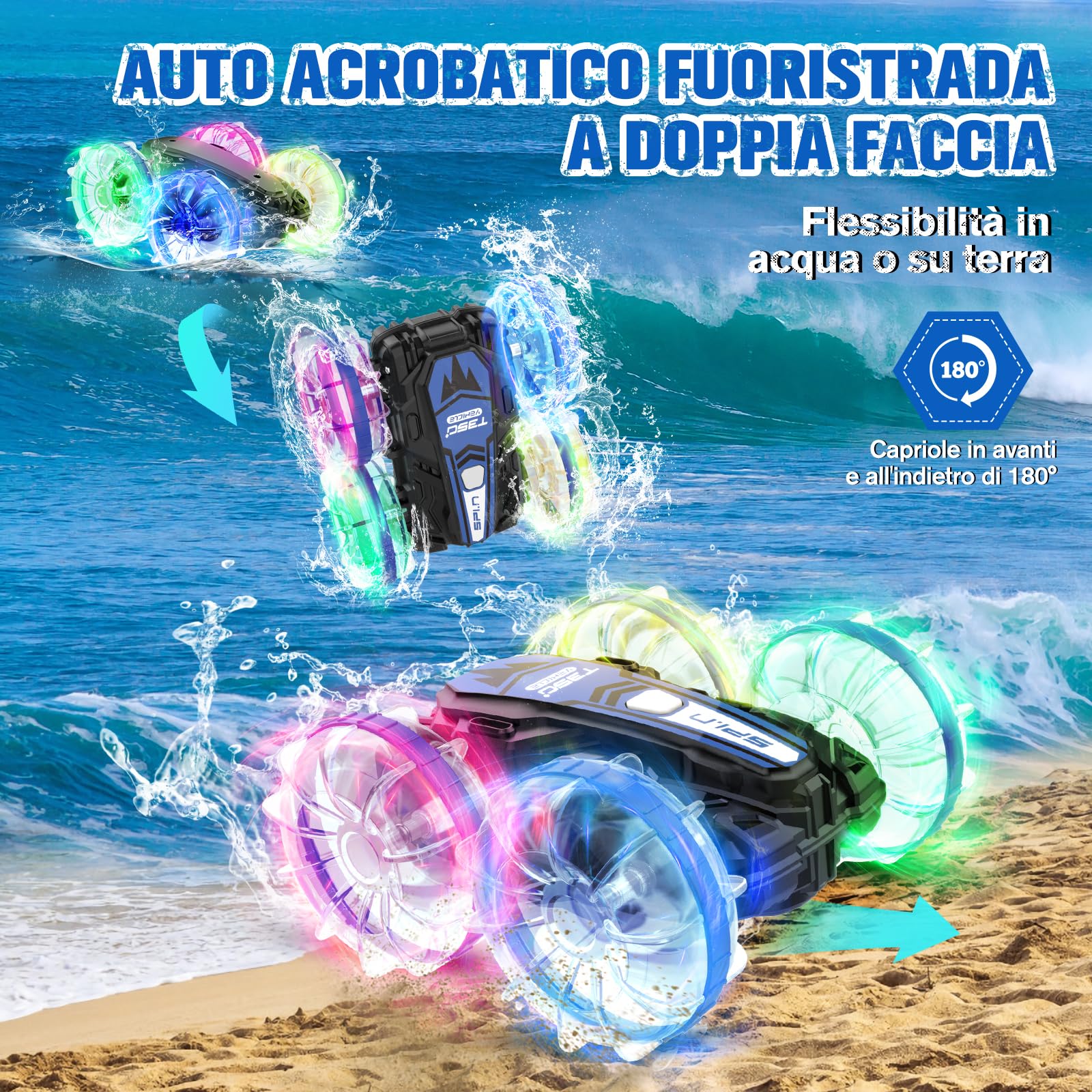 EVARY Macchina Telecomandata per Bambini,2.4GHZ Veicolo di Telecomando Anfibio, Auto Acrobatica 4WD Controllata a Mano, 360°Rotazione Stunt Car Offroad RC Veicolo,Regalo di Compleanno e Festività.