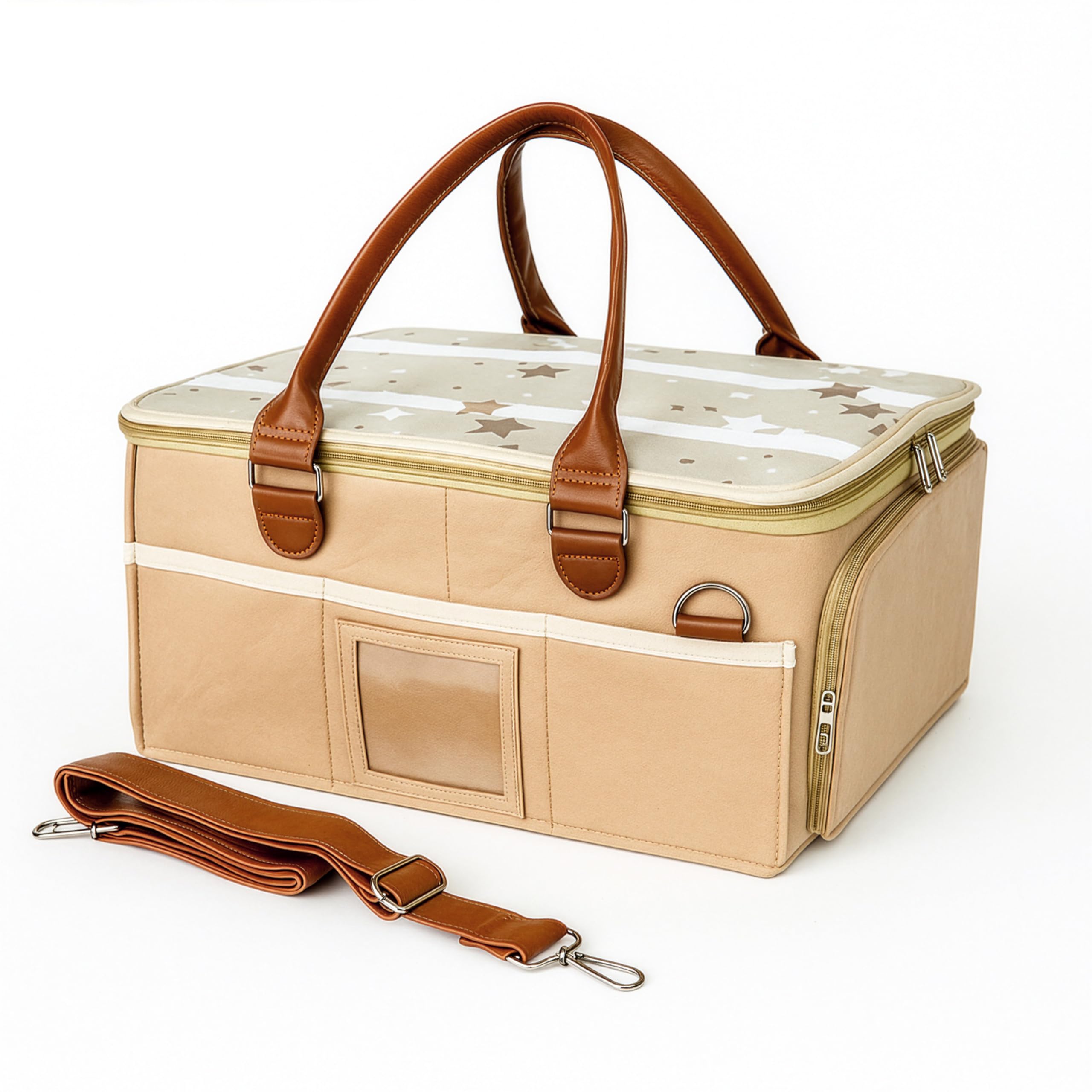 Storite Cute Felt Diaper Caddy Organizer Bag with Lid and Removable Shoulder Strap | Baby Basket Essentials for Newborn Baby Products Storage with Compartments | 40 x 27 x 19 cm | Model 2 – Beige-image-30