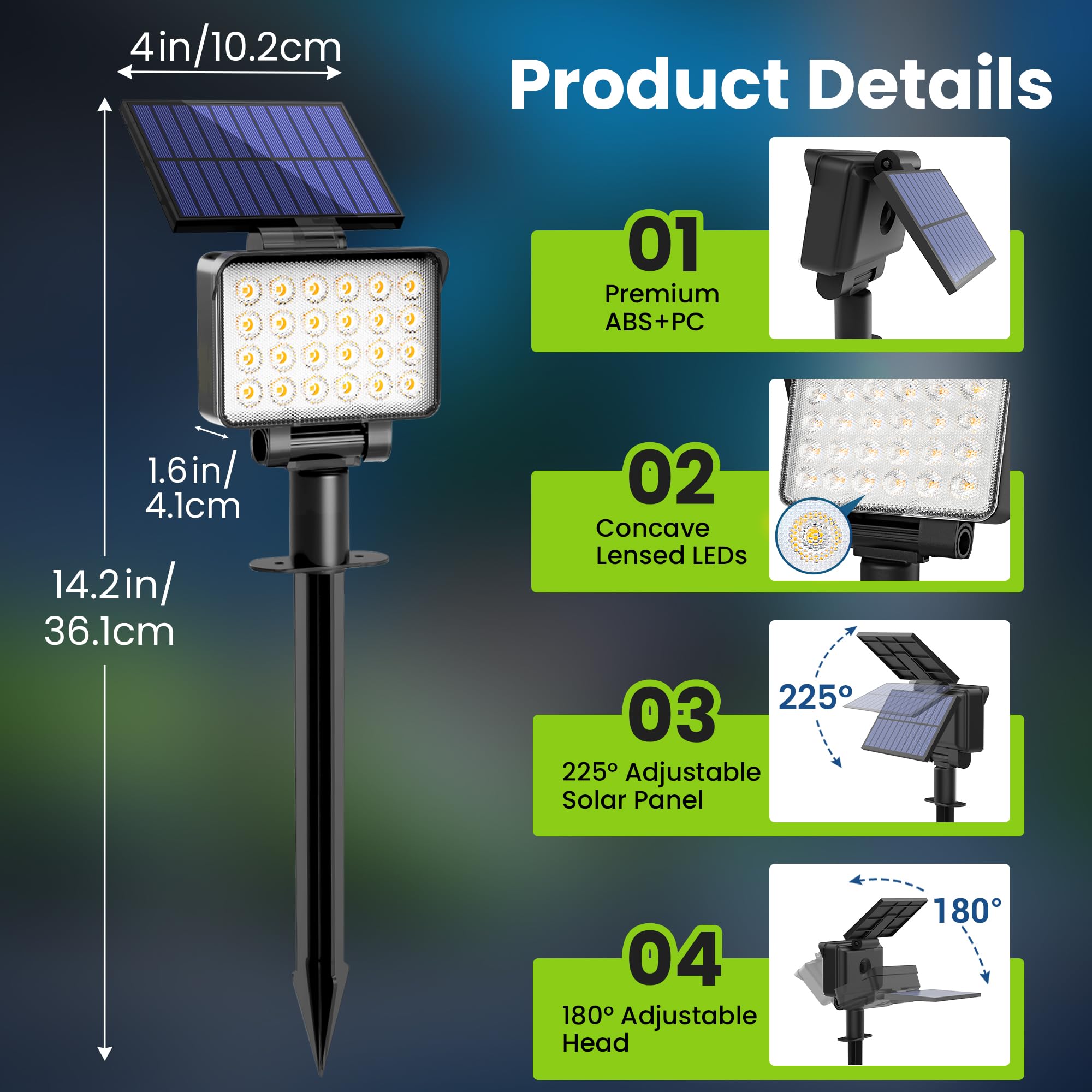 Solpex Focos Solares para Exteriores, IP65 ImpermeableLuces Solares para Jardín, 24 Ledes luces de Camino, para Caminos, Jardines, Cercas (Blanco Cálido, 4 Unidades)