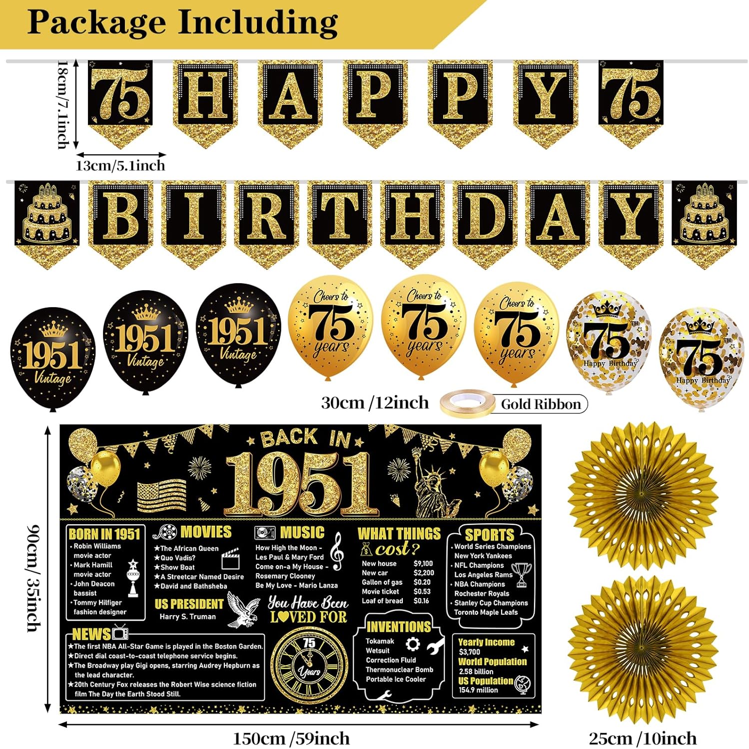 75th Birthday Decorations Kit for Men Women, Black Gold 24PCS Back in 1951 Banner Decorations , Vintage 1951 Banner Wooden Table Sign Poster Hanging Swirl Balloons Paper Fans Cheers to 75 years - Image 2