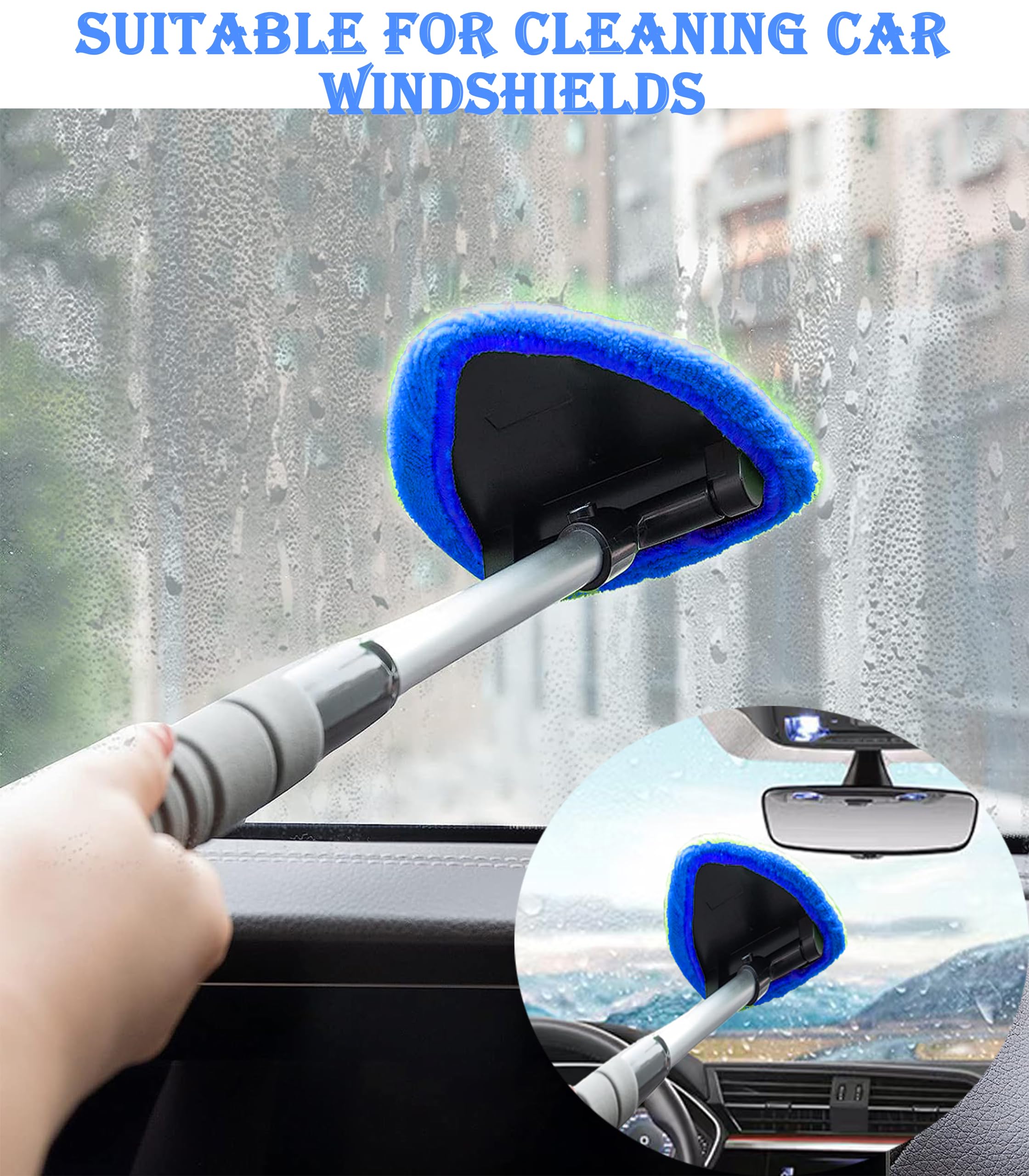 Herramienta de limpieza de parabrisas de coche, herramienta de limpieza de parabrisas de coche con almohadillas de microfibra reutilizables, kit de limpiaparabrisas de vidrio con mango extensible,